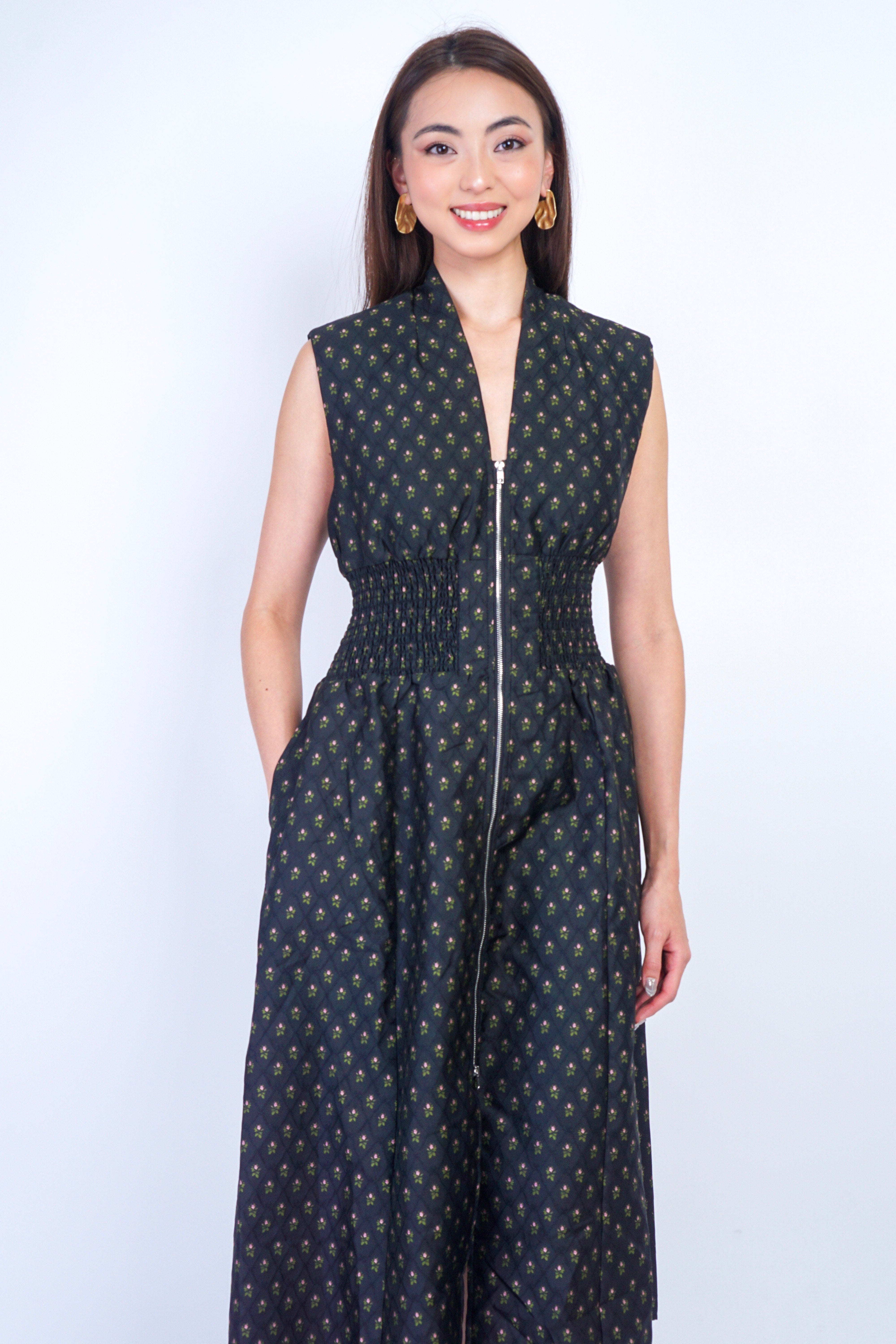 Private Label DRESSES V-Neckline Green Petal zip Front Midi Dress