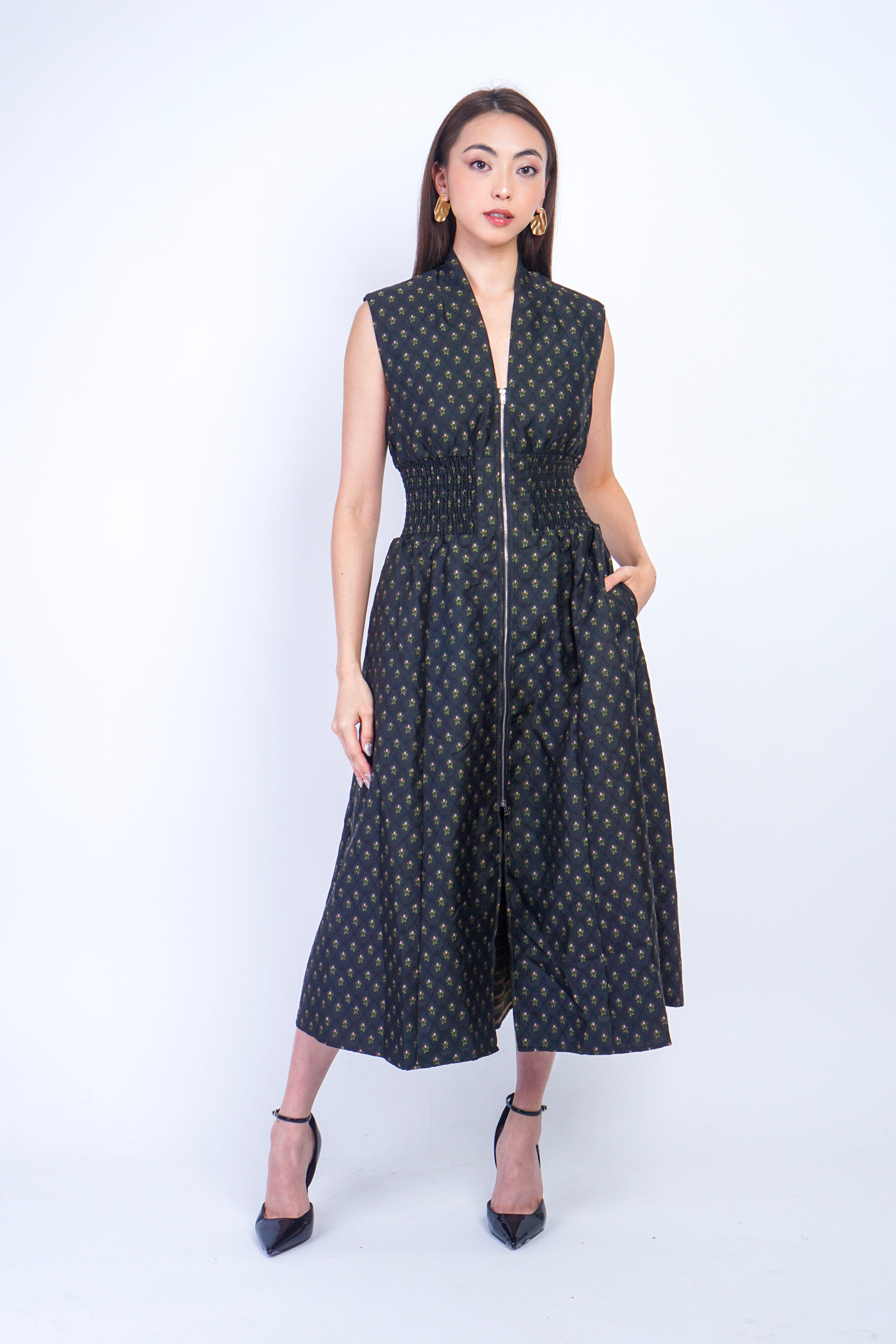 Private Label DRESSES V-Neckline Green Petal zip Front Midi Dress