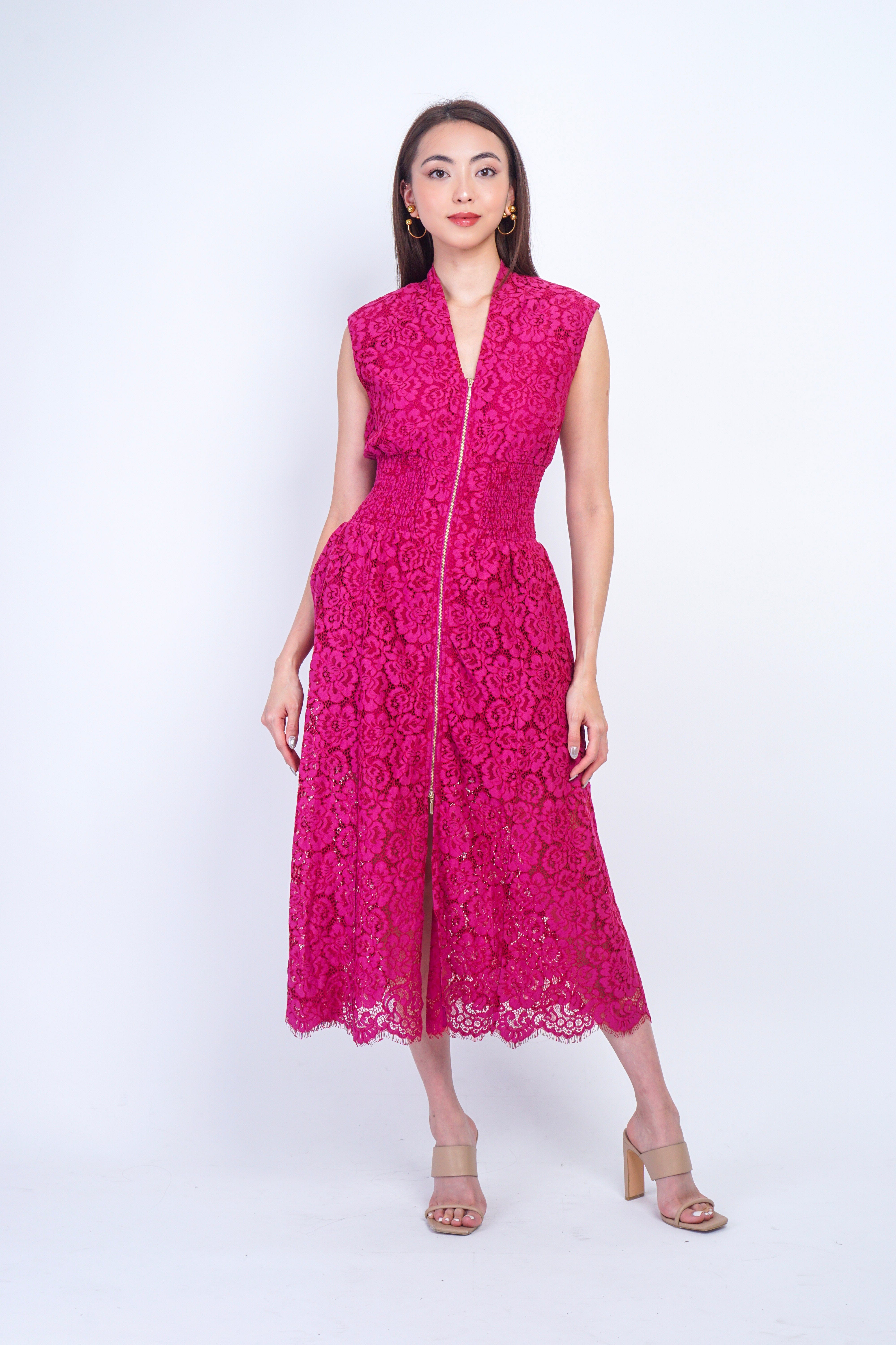 Private Label DRESSES V-Neckline Magenta Petal Zip Front Midi Dress