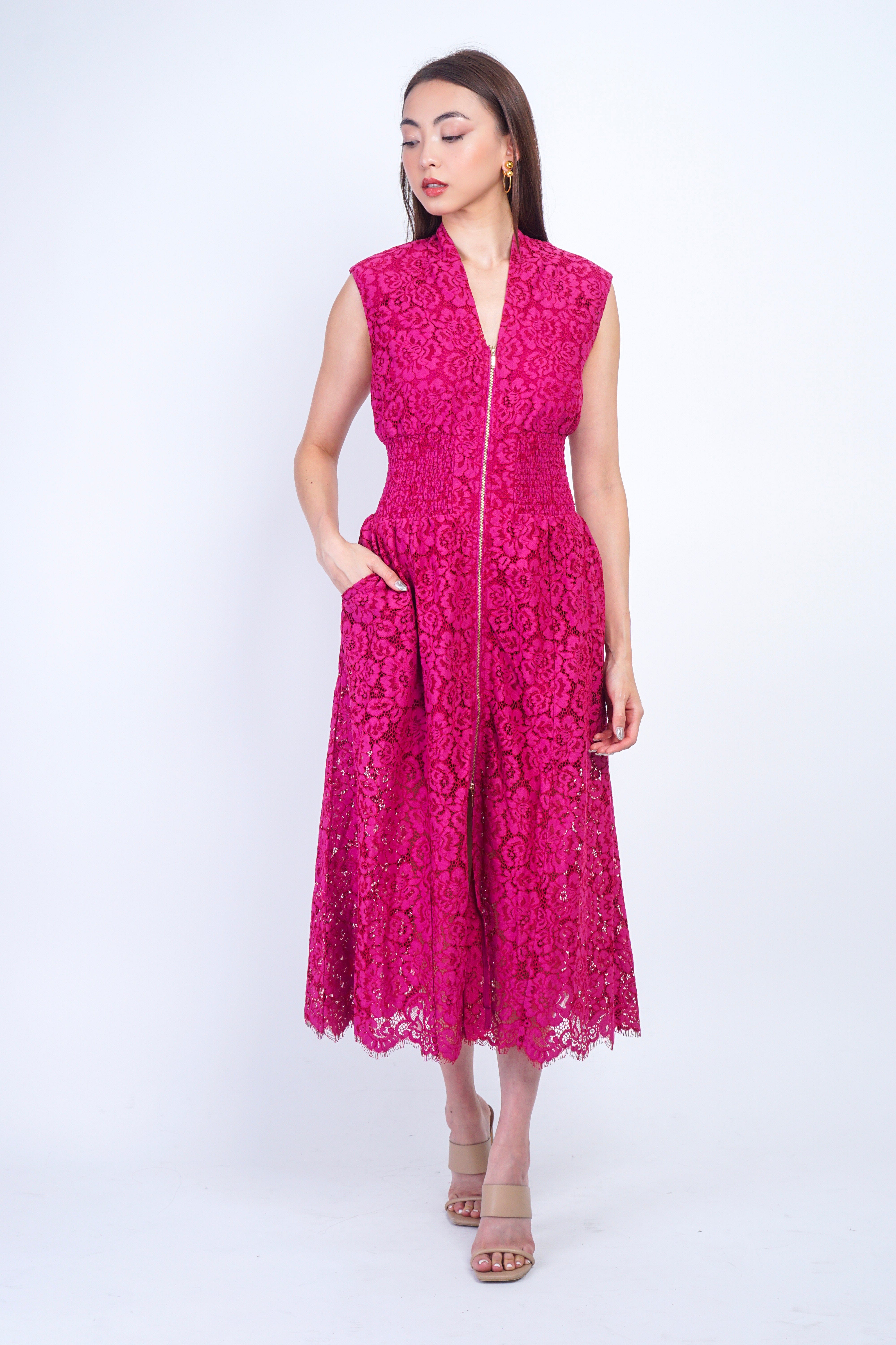Private Label DRESSES V-Neckline Magenta Petal Zip Front Midi Dress