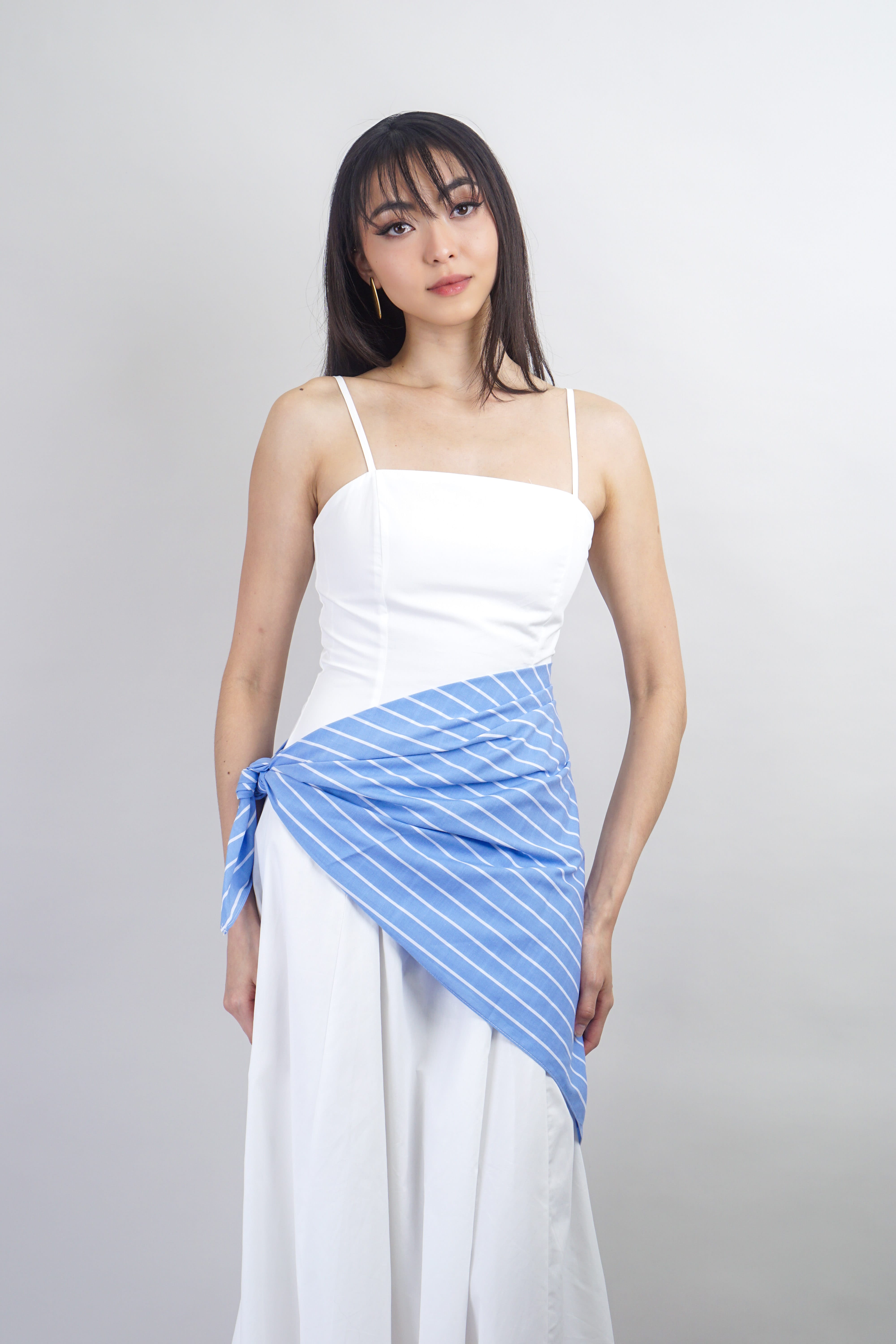 Private Label DRESSES White Midi Dress With Blue Striped Scarf