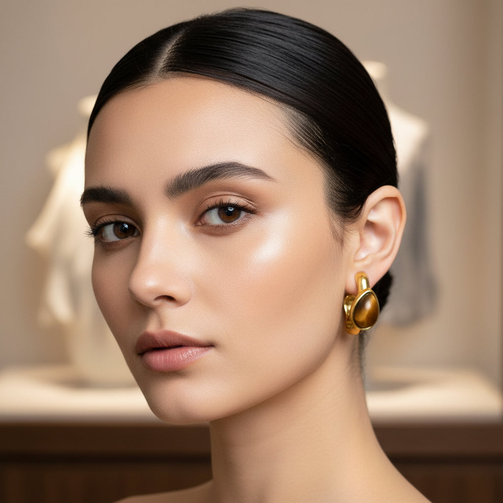 Private Label EARRINGS 73# Gold (Real Gold Plating) Copper Tiger Eye Teardrop Earrings