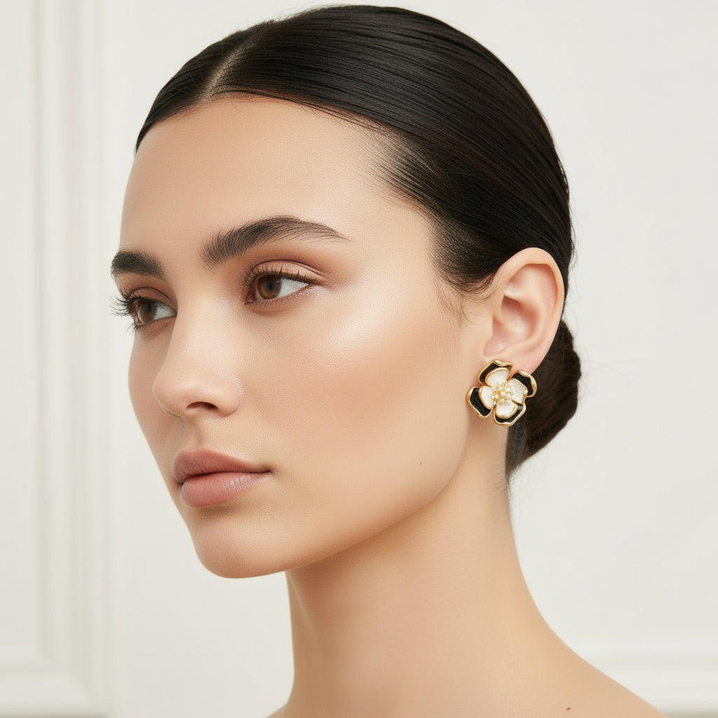 Private Label EARRINGS Black-Double-Layer Oil-Drop Contrast Petal Earrings (Thick Real Gold Electroplating) Double-Layer Oil-Drop Contrasting Petal Earrings