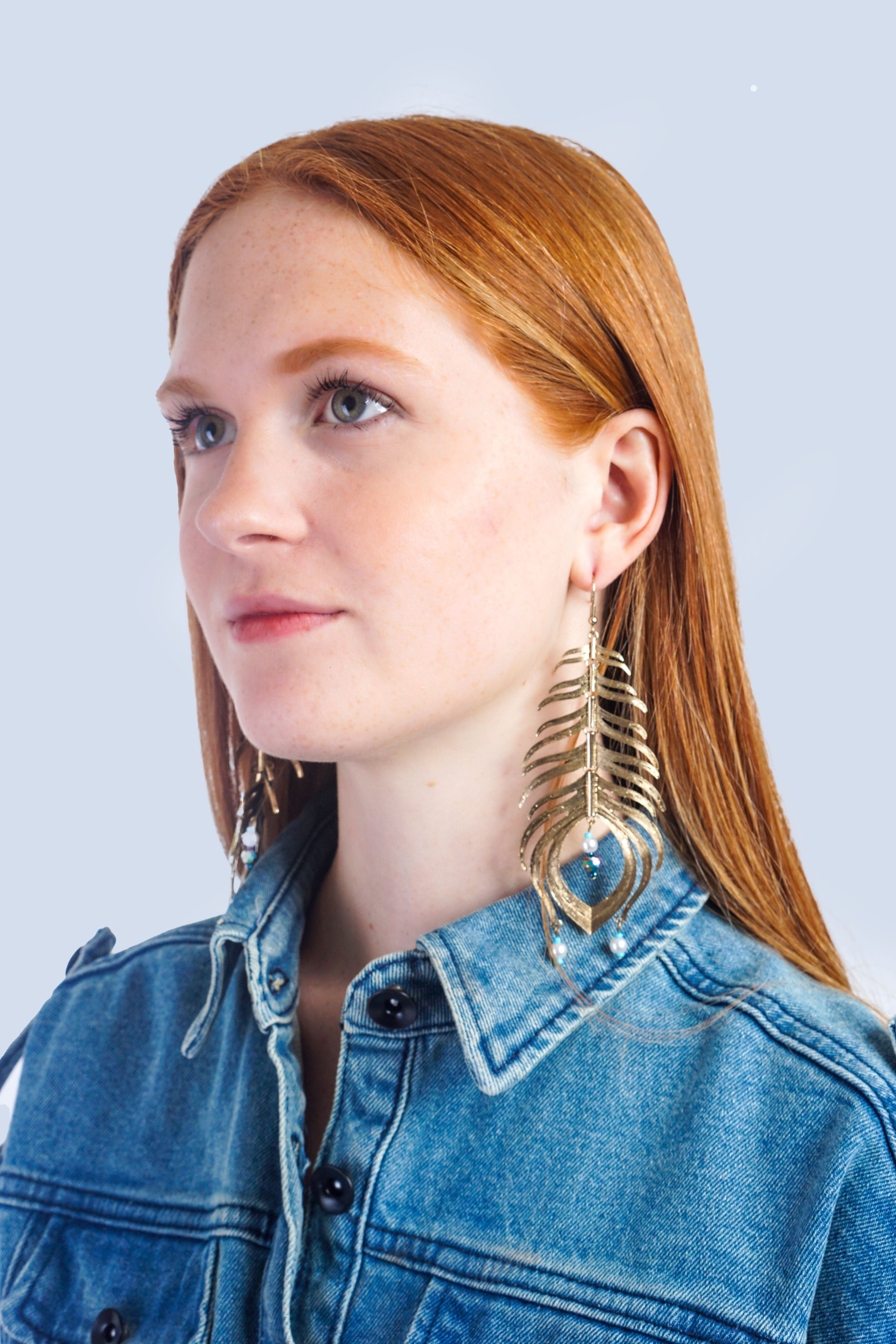 Private Label EARRINGS Gold Dramatic Feather Drop Earrings