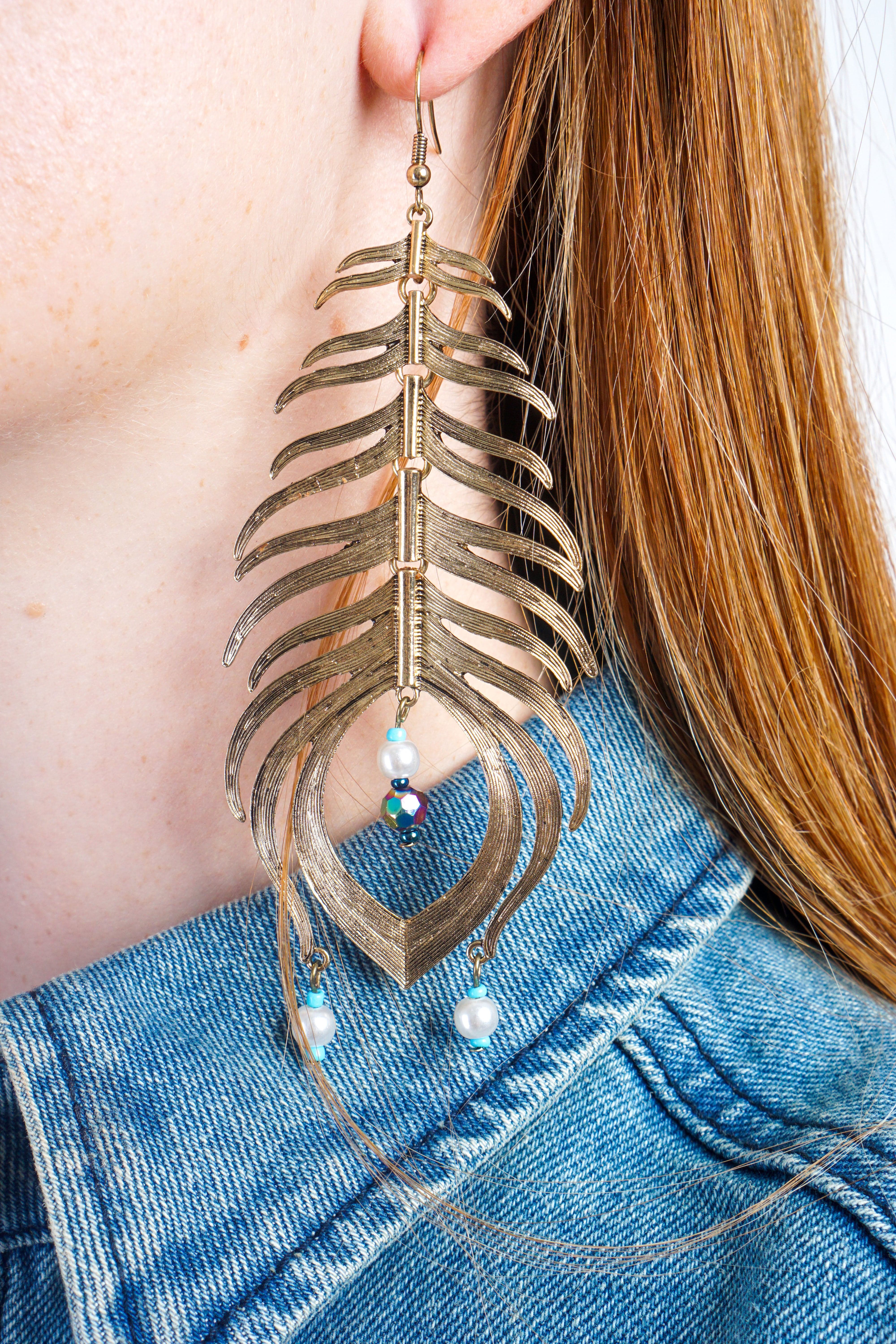 Private Label EARRINGS Gold Dramatic Feather Drop Earrings
