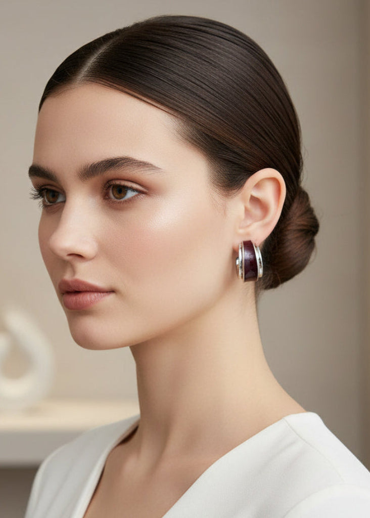 Private Label EARRINGS Silver Burgundy Earrings Metal Double-Layer C-Shaped Earrings