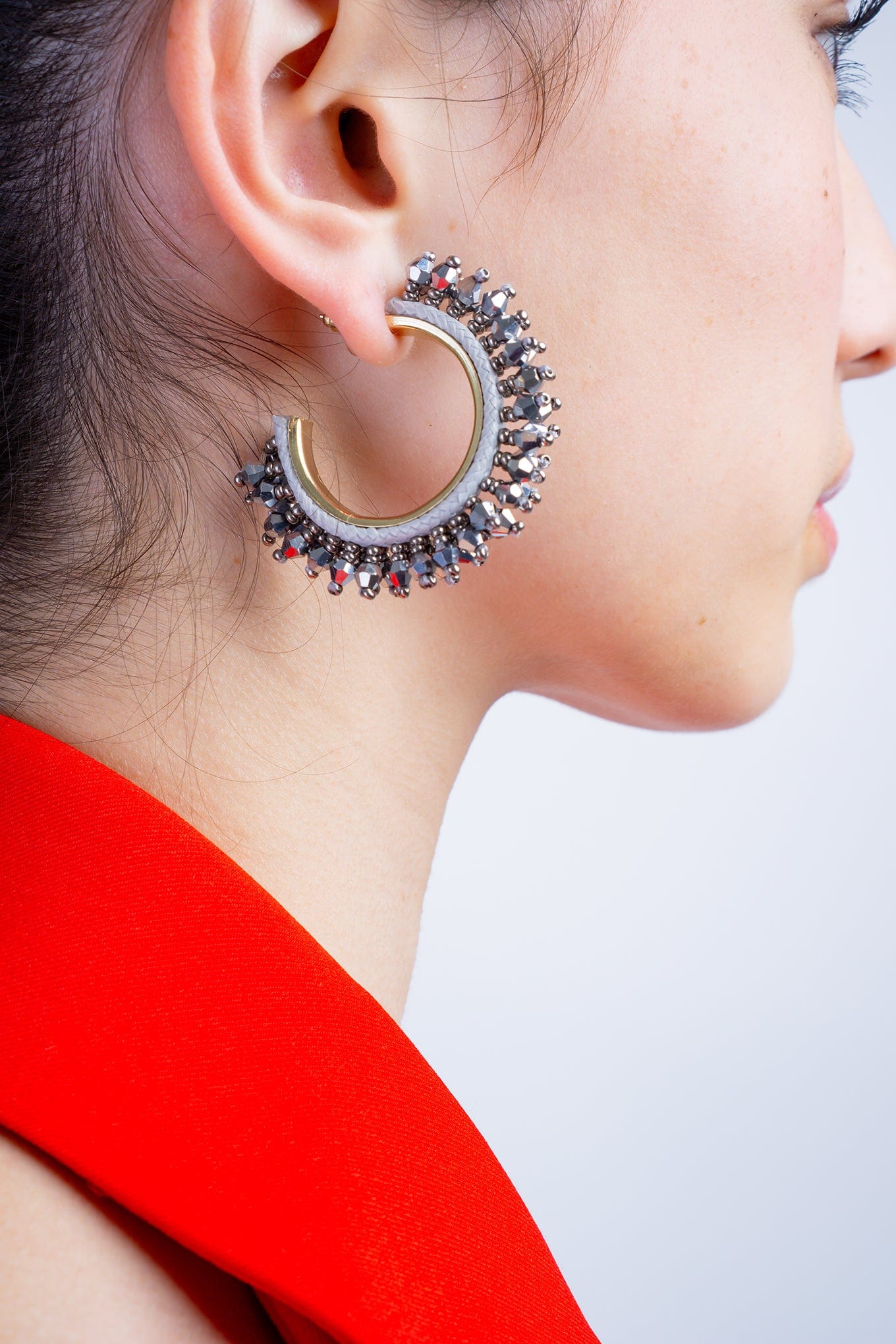 DCD EARRINGS Silver Hematite 40mm Metal and Beads Hoop Earring