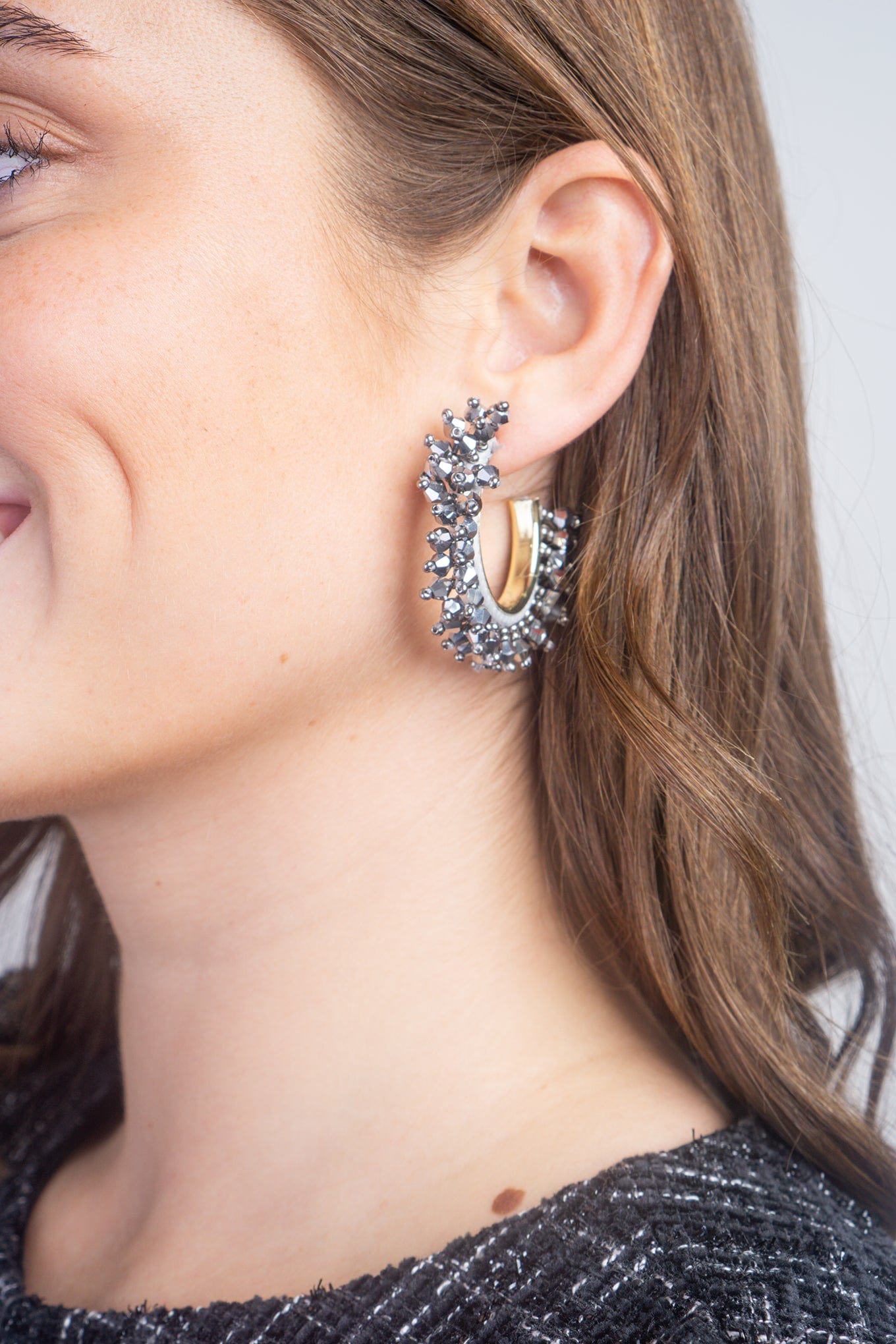DCD EARRINGS Silver Hematite 40mm Metal and Beads Hoop Earring