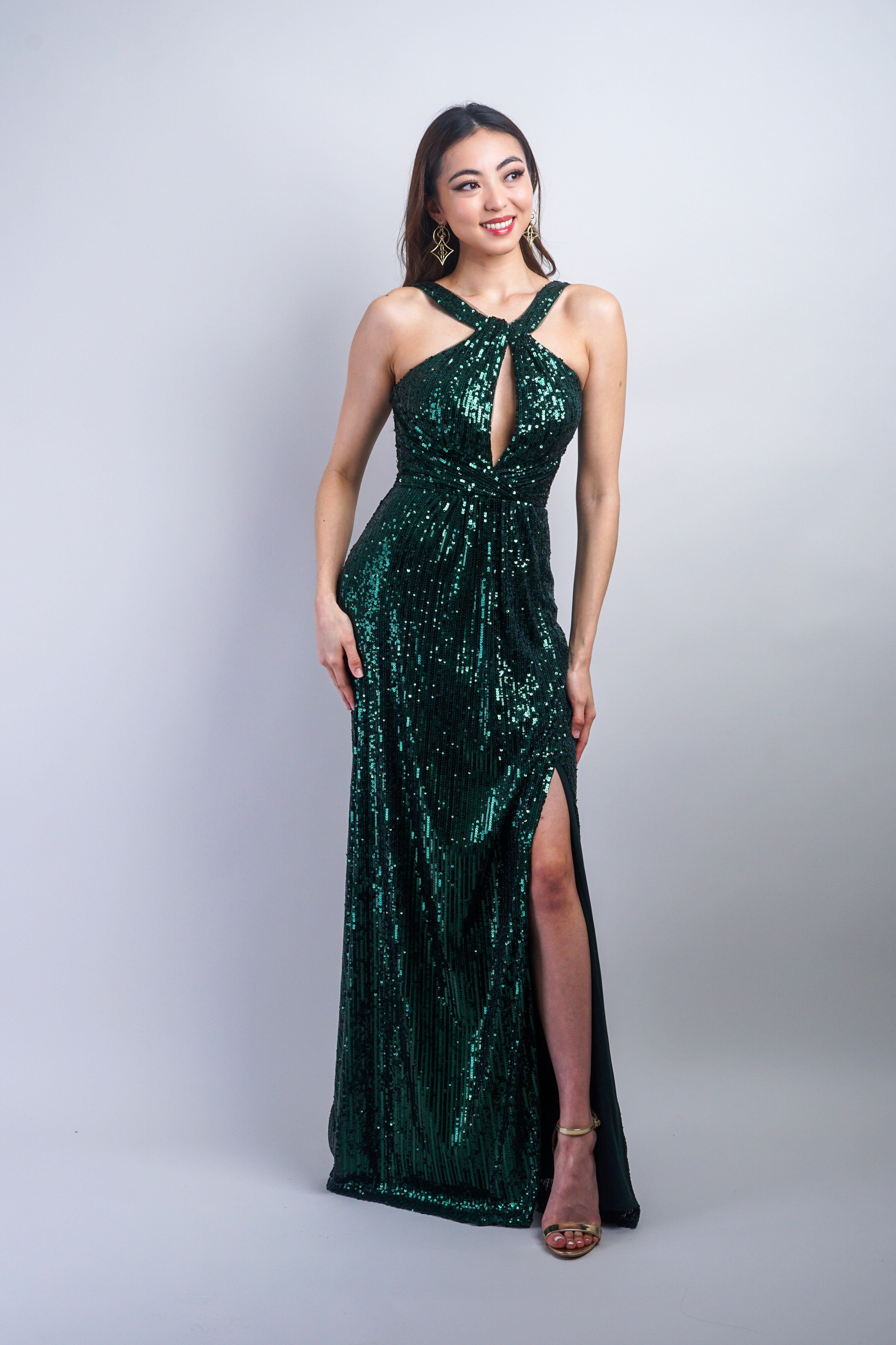 Private Label GOWNS 0 / Emerald Emerald Halter Key Hole Sequin Fitted Gown