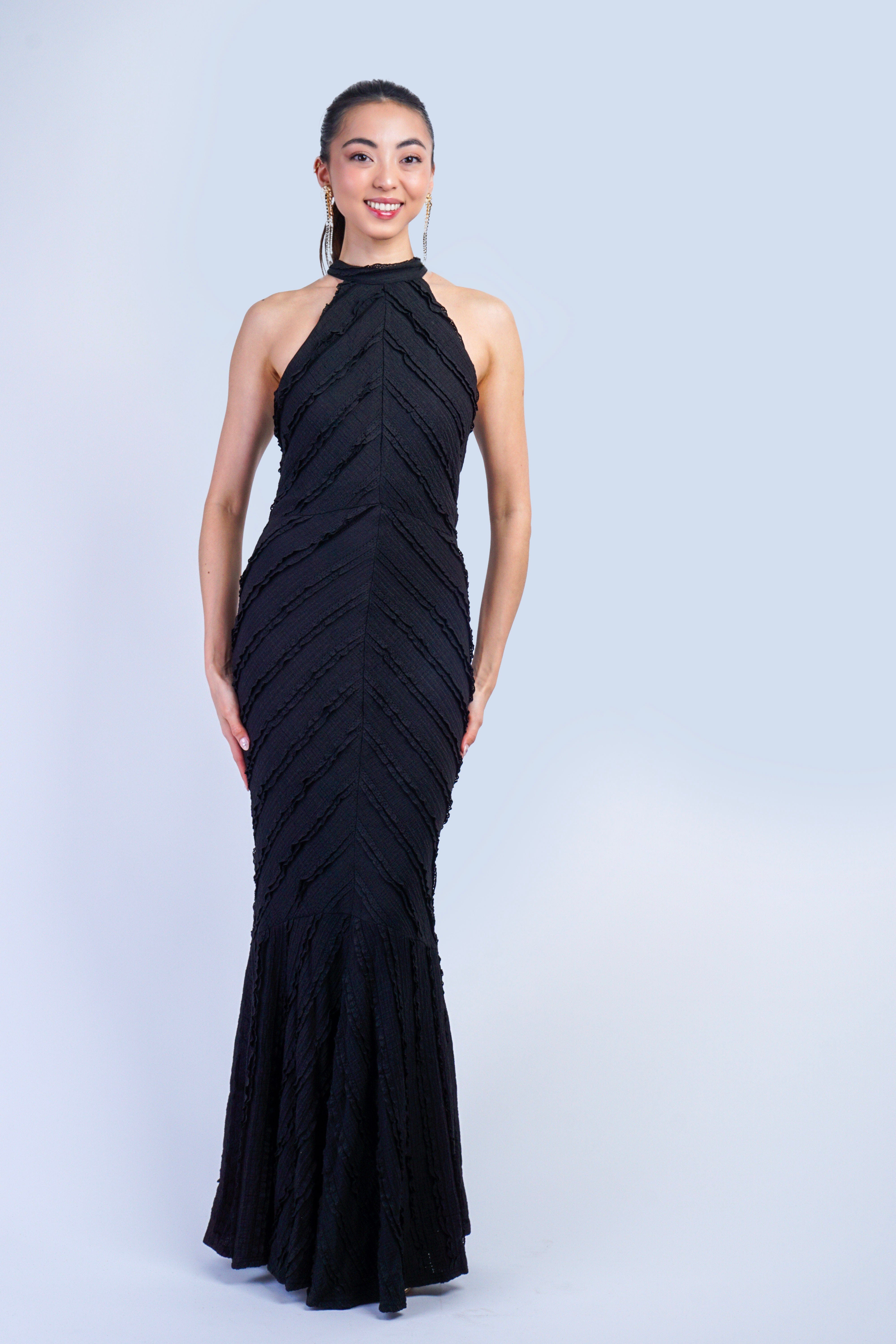 Private Label GOWNS Black Chevron Lace Halter Gown