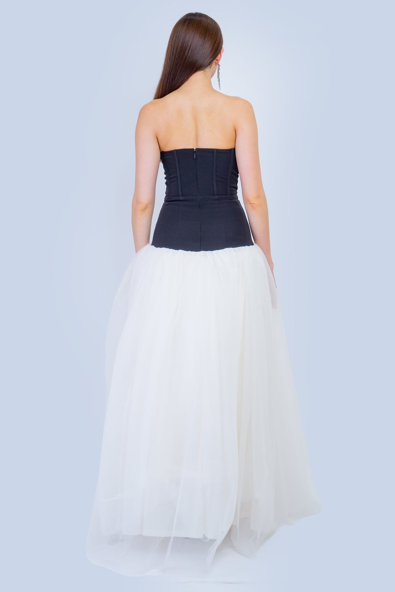 DCD GOWNS Black Corset Drop Waist Ivory Tulle Gown