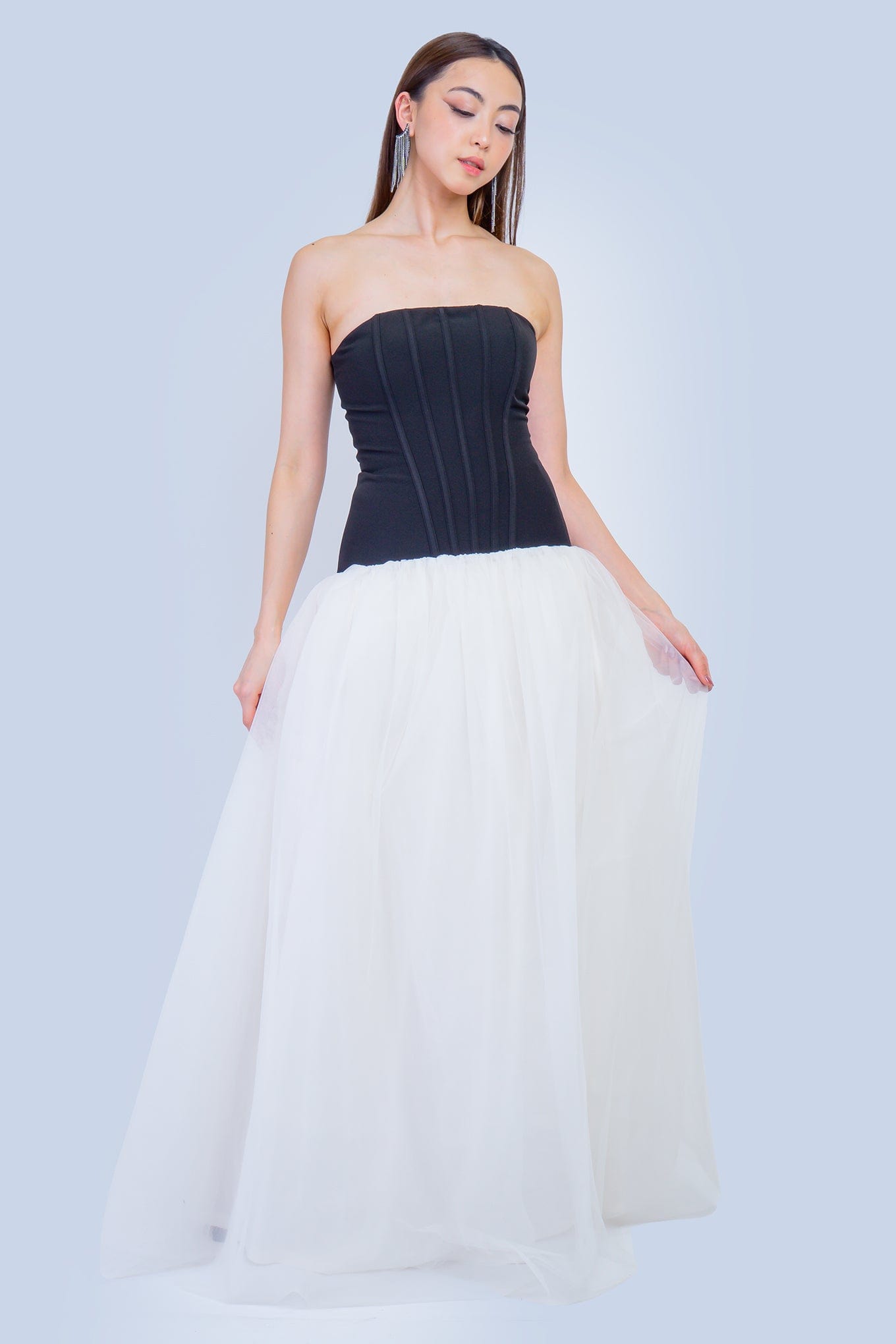 DCD GOWNS Black Corset Drop Waist Ivory Tulle Gown