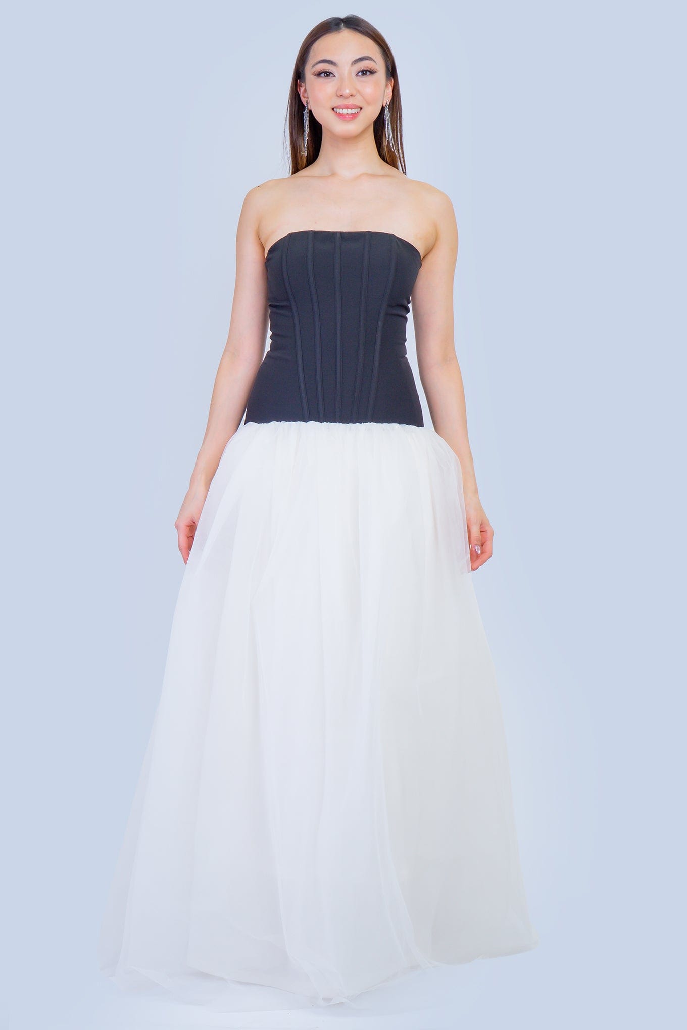 DCD GOWNS Black Corset Drop Waist Ivory Tulle Gown