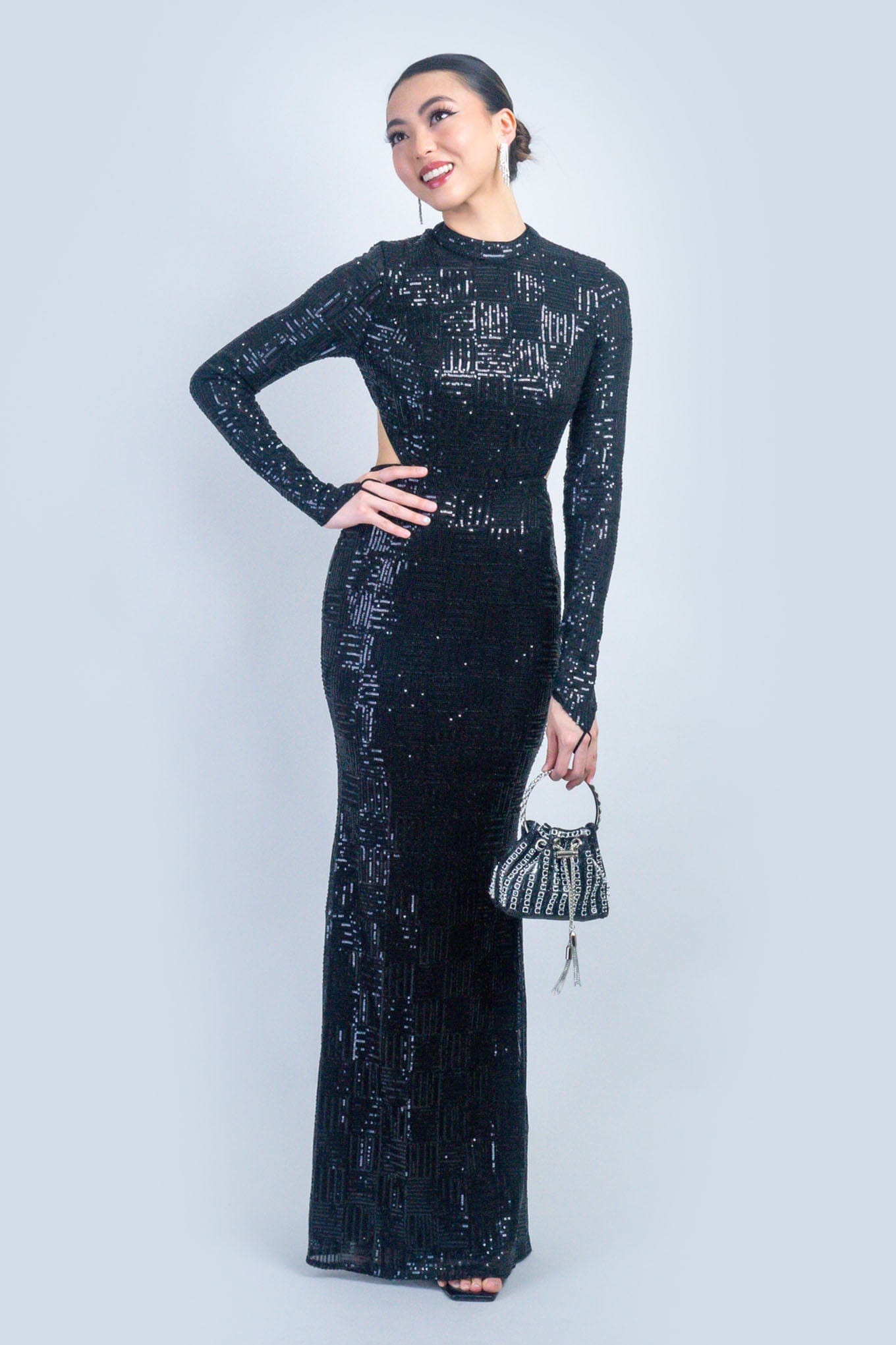 DCD GOWNS Black Long Sleeve Fitted Sequin Gown w/ Finger Glove