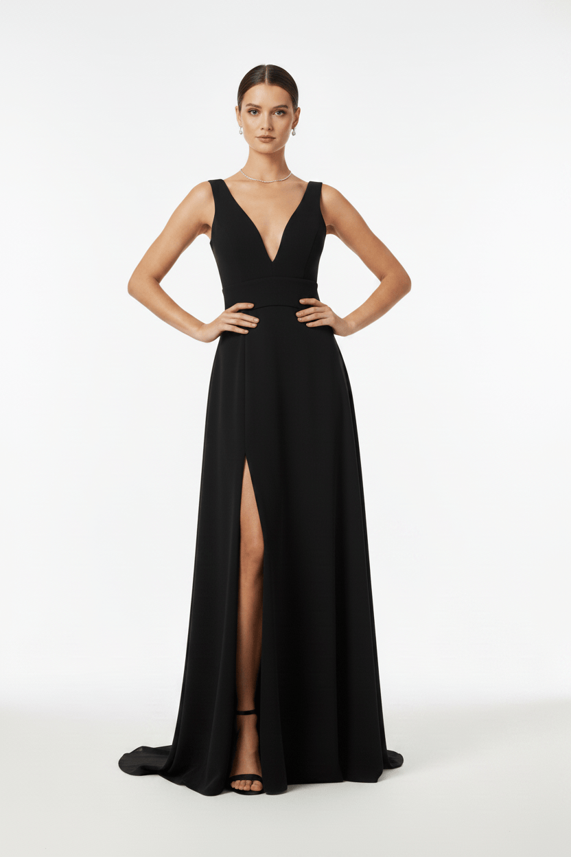 Chloe Dao GOWNS Black V Neck Front Slit Soraya Gown