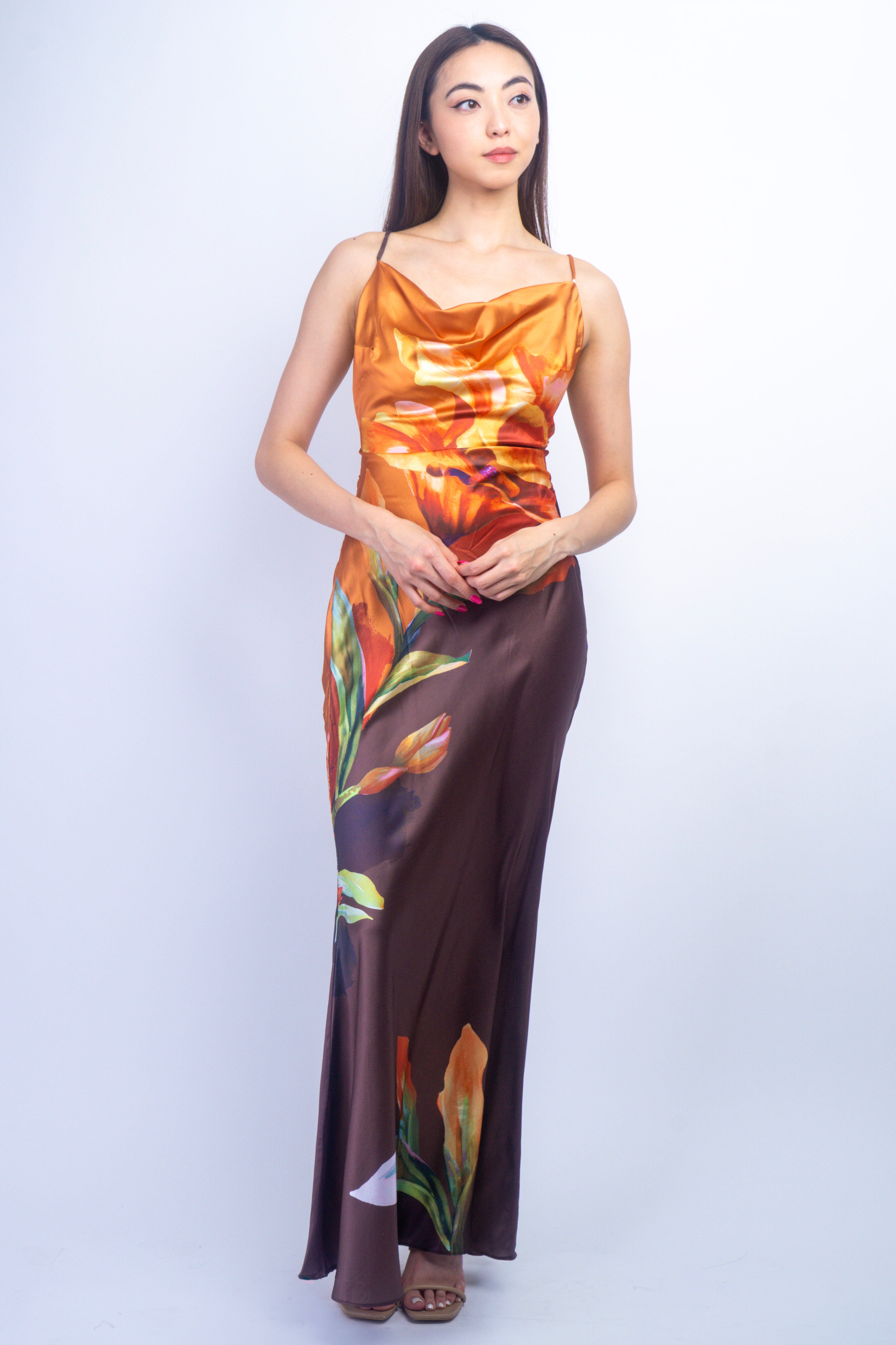 Private Label GOWNS Burnt Sienna Brown Floral Bias Cowl Gown