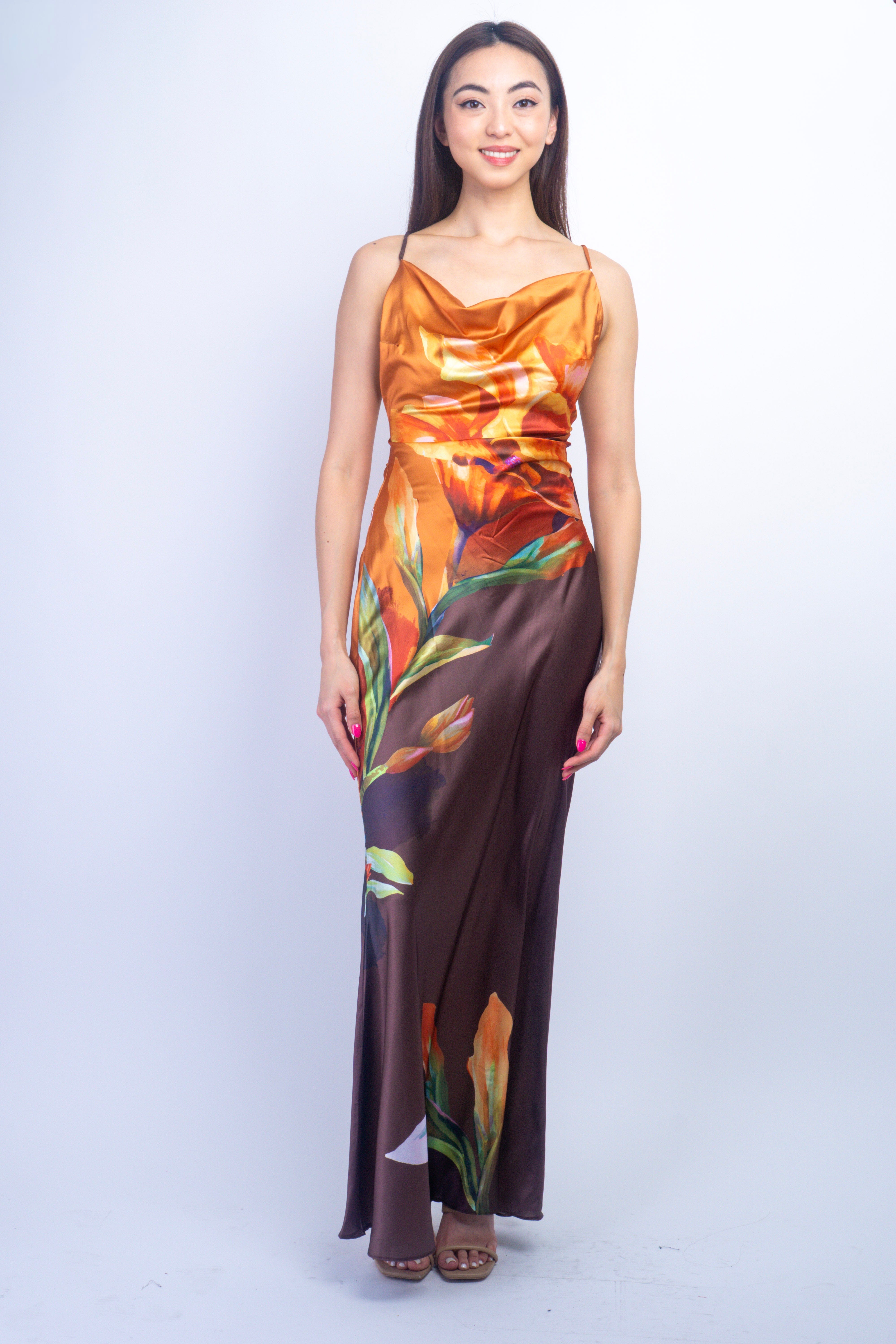 Private Label GOWNS Burnt Sienna Brown Floral Bias Cowl Gown