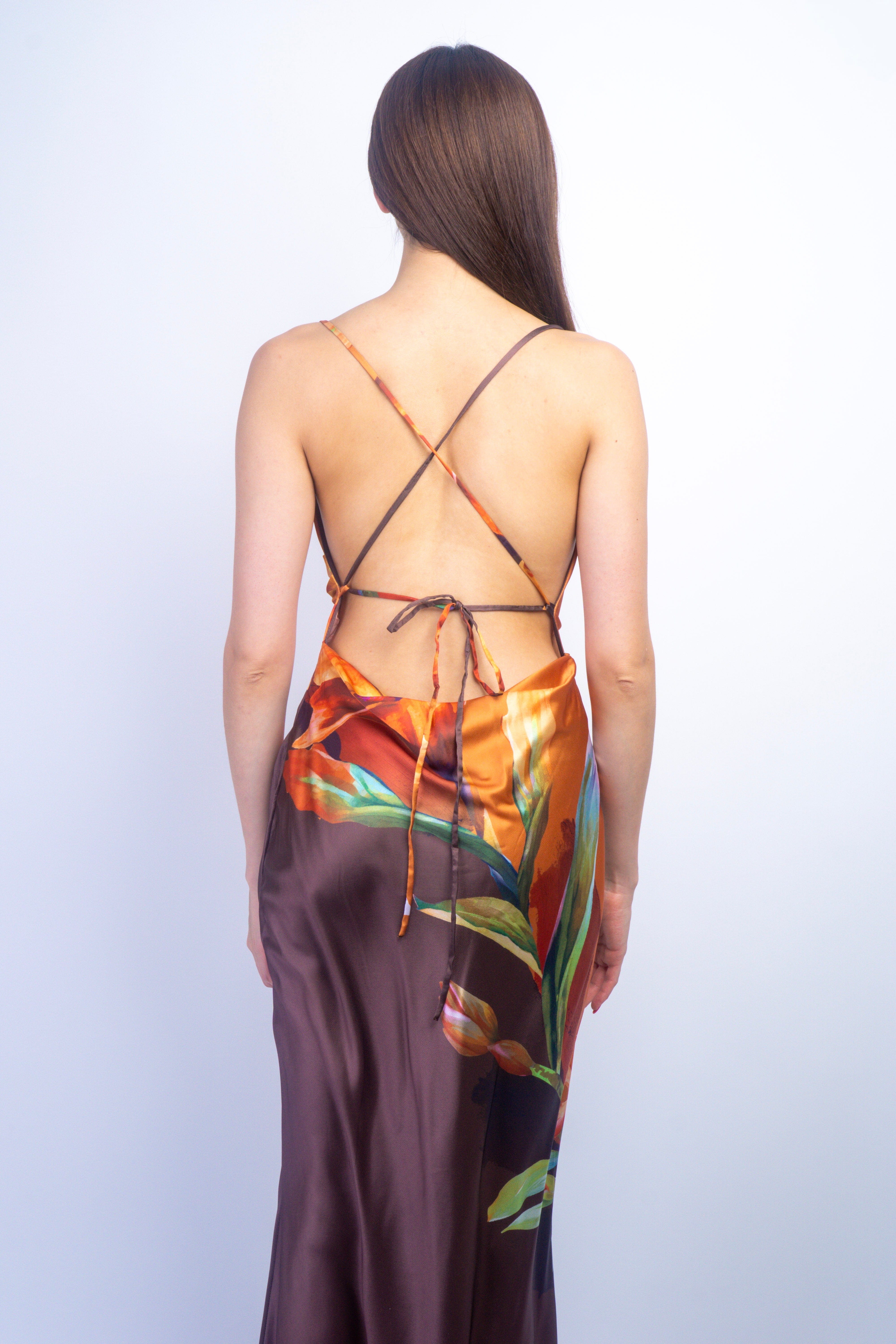 Private Label GOWNS Burnt Sienna Brown Floral Bias Cowl Gown