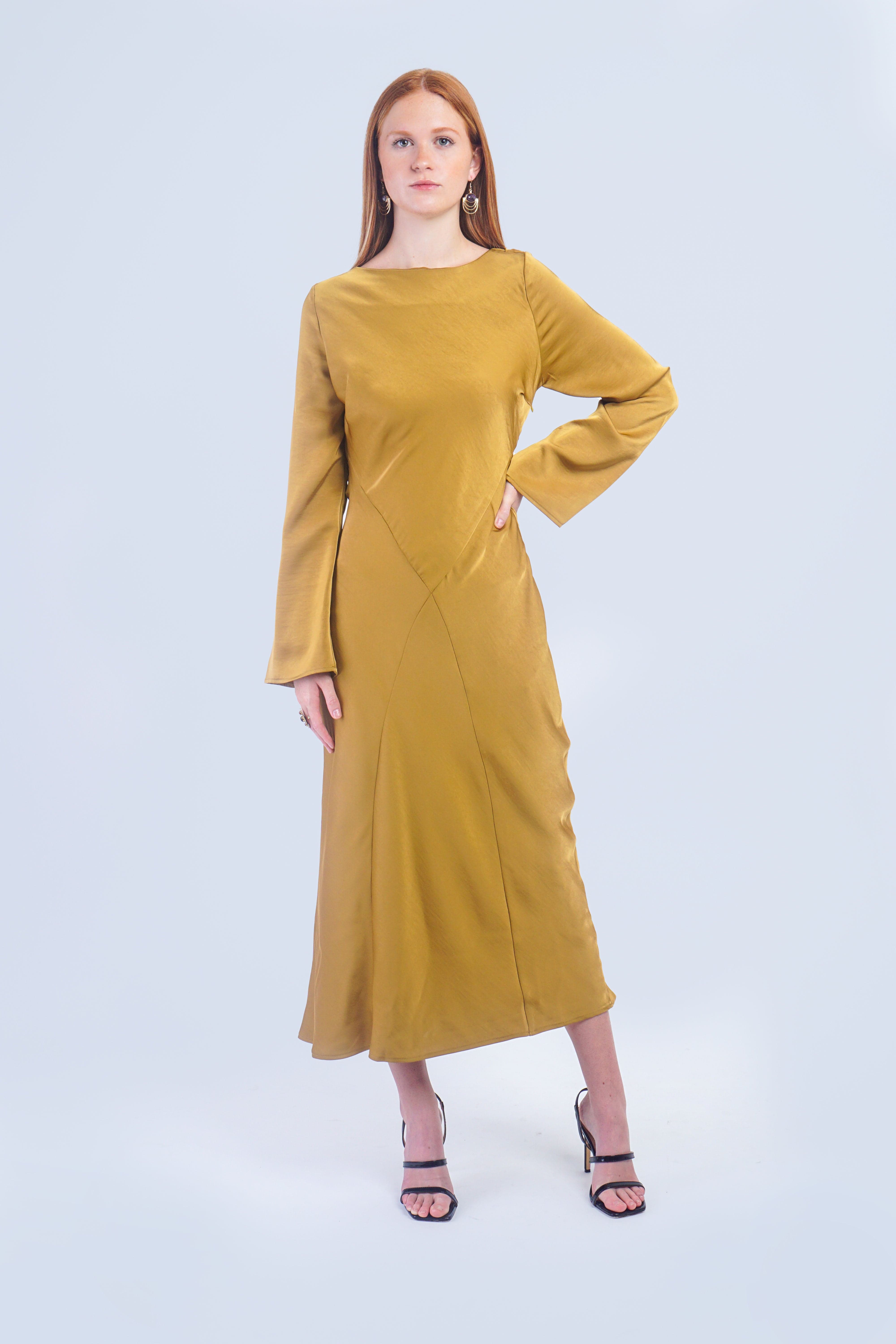 Private Label GOWNS Elegant Golden Bias Cut Satin Dress