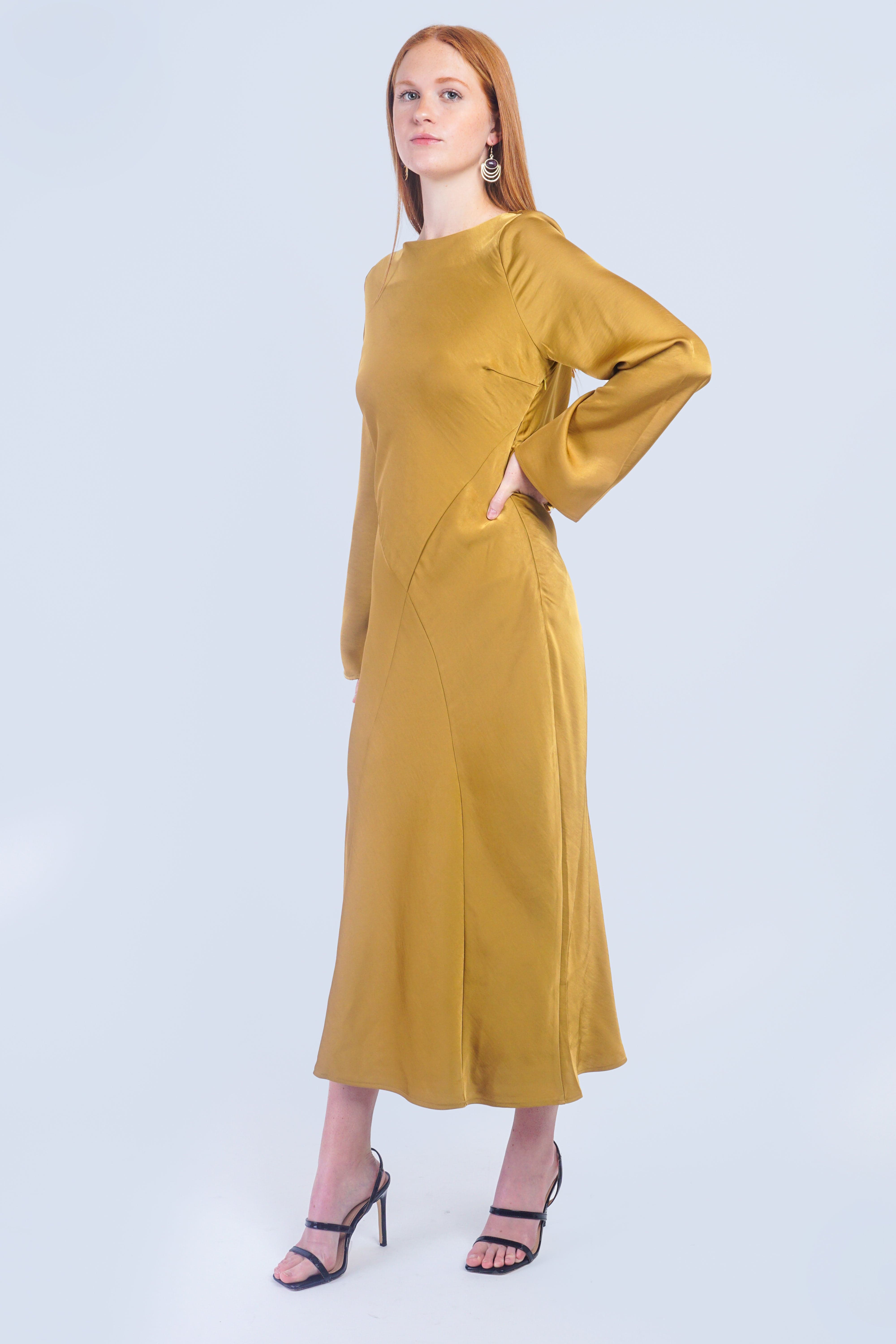 Private Label GOWNS Elegant Golden Bias Cut Satin Dress