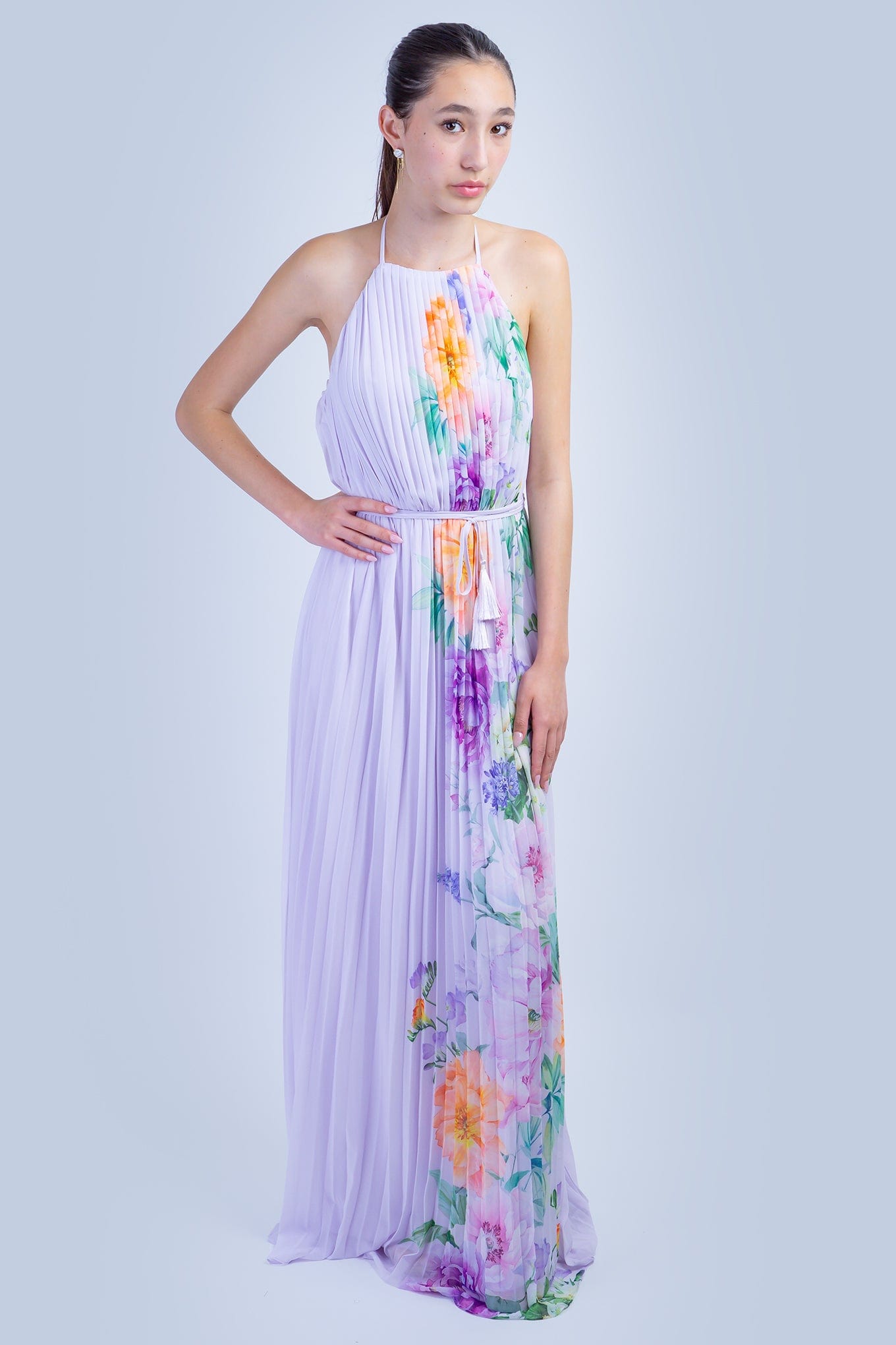 DCD GOWNS Lavender Orange Floral Pleated Halter Gown