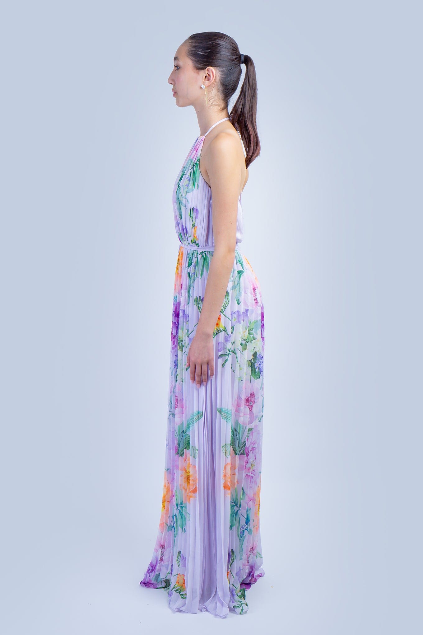 DCD GOWNS Lavender Orange Floral Pleated Halter Gown