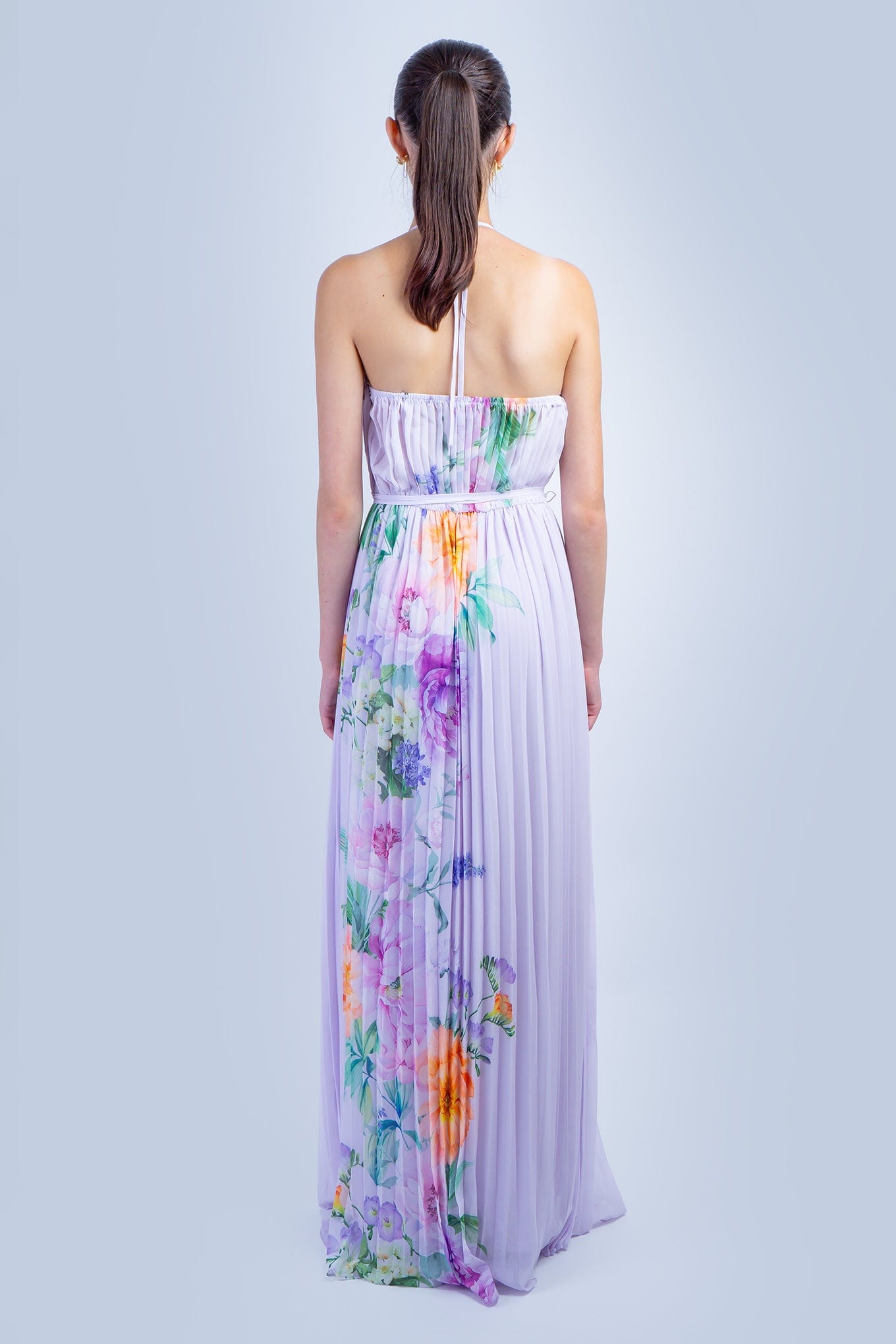 DCD GOWNS Lavender Orange Floral Pleated Halter Gown