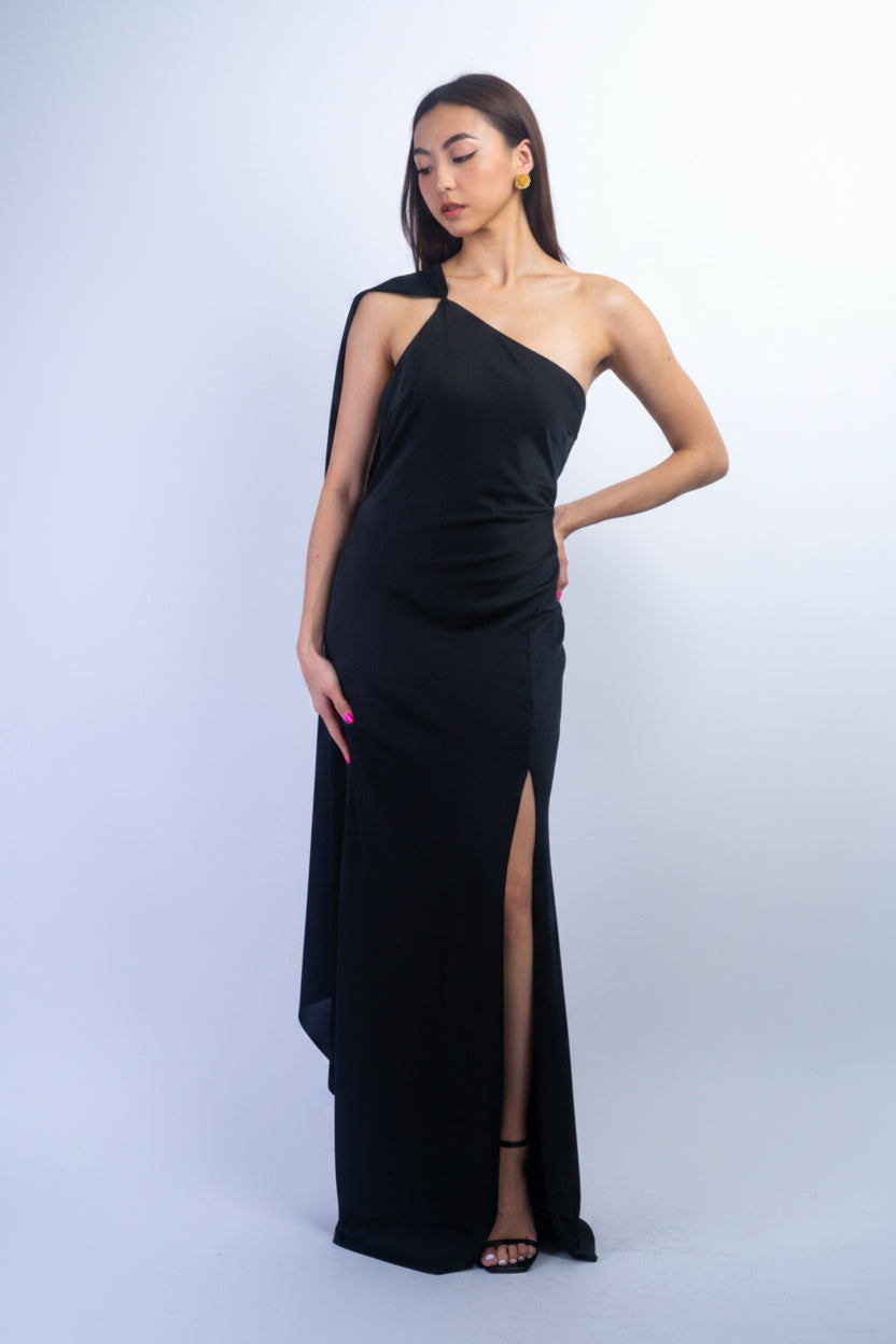 Private Label GOWNS  Black  One Shoulder Long Scarf Gown