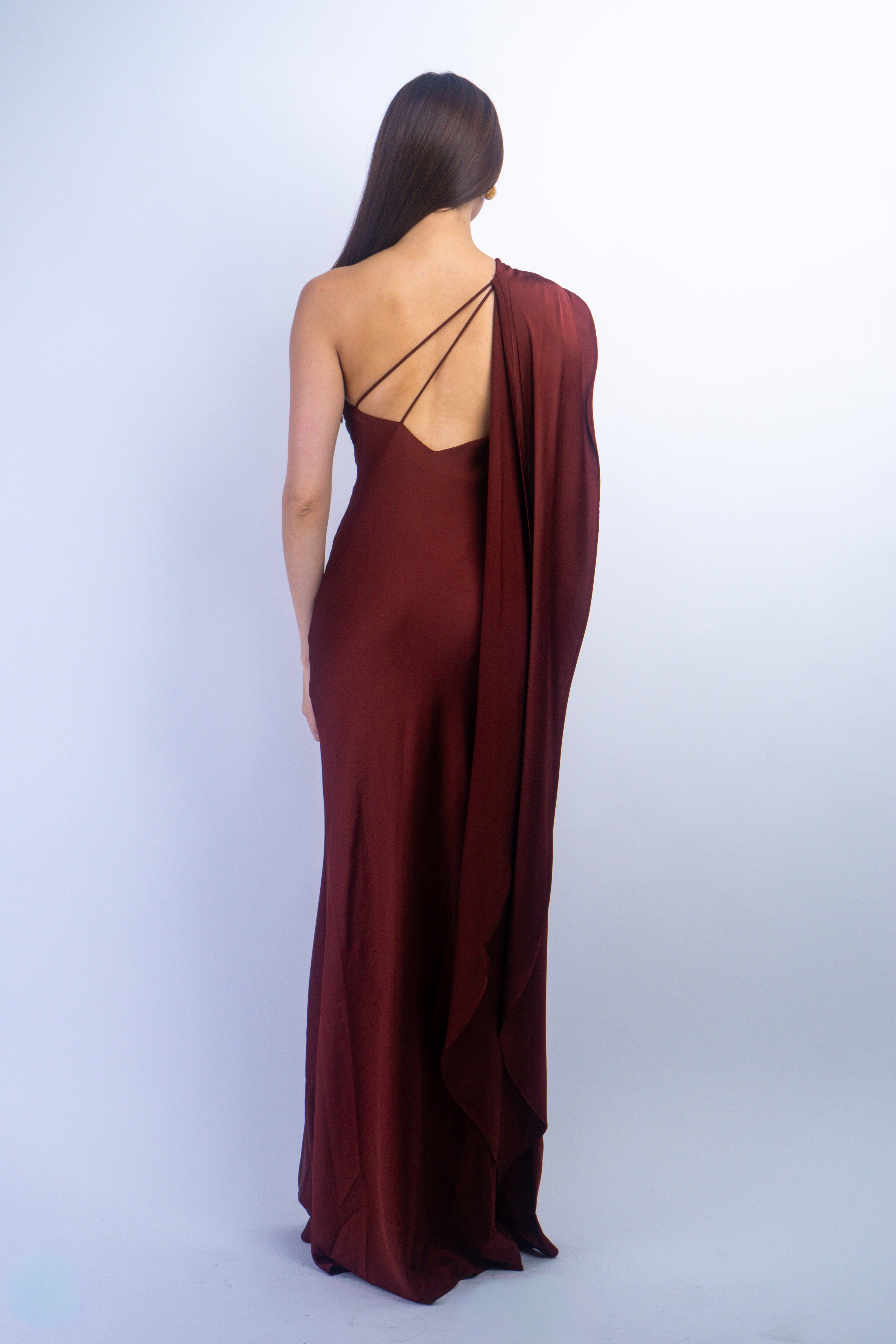 Private Label GOWNS Merlot One Shoulder Long Scarf Gown