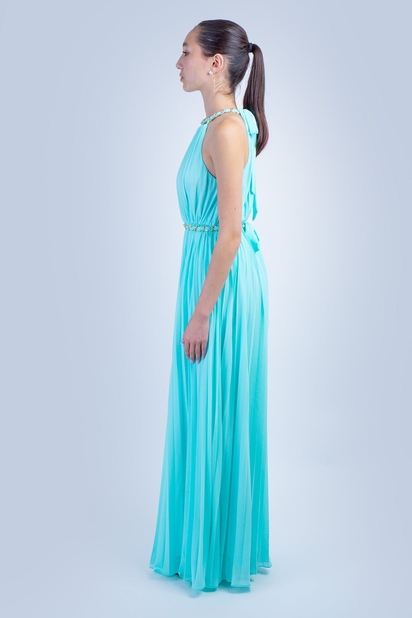 DCD GOWNS Mint Braided Chain  Pleated Halter Gown