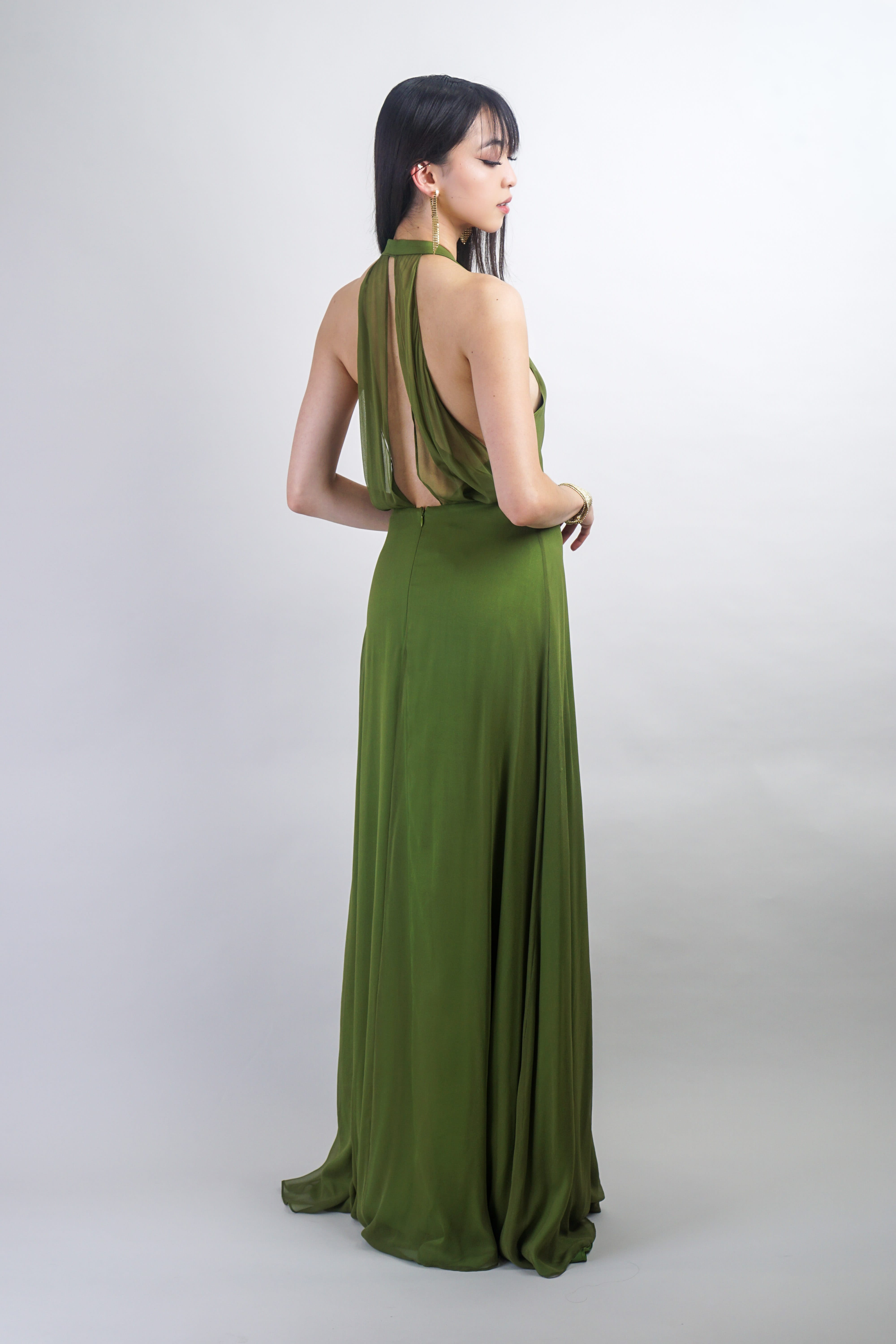 Chloe Dao GOWNS Olive Green Silk Chiffon Harlow Gown
