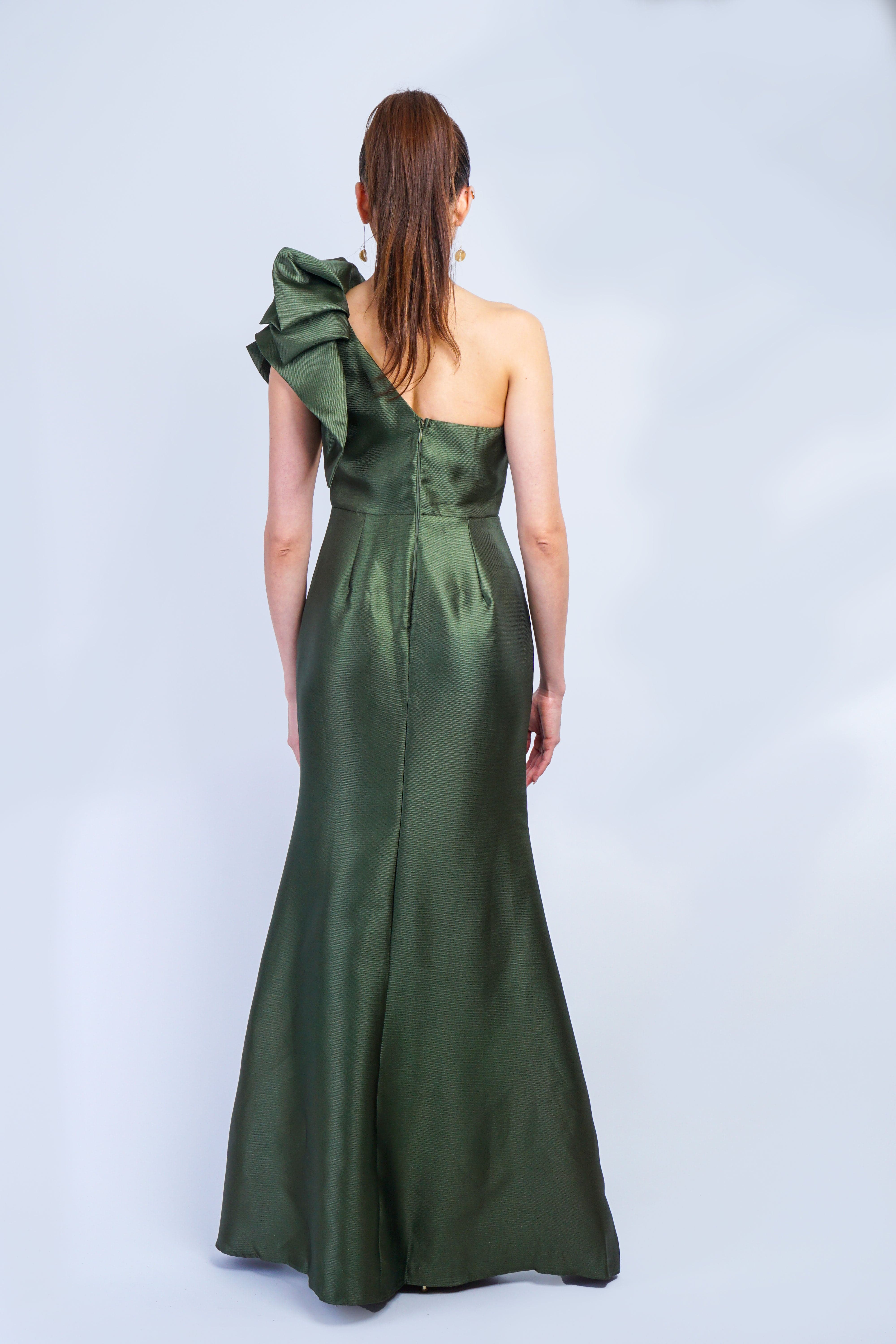 DCD GOWNS Olive One Shoulder Dramatic Ruffle Gown