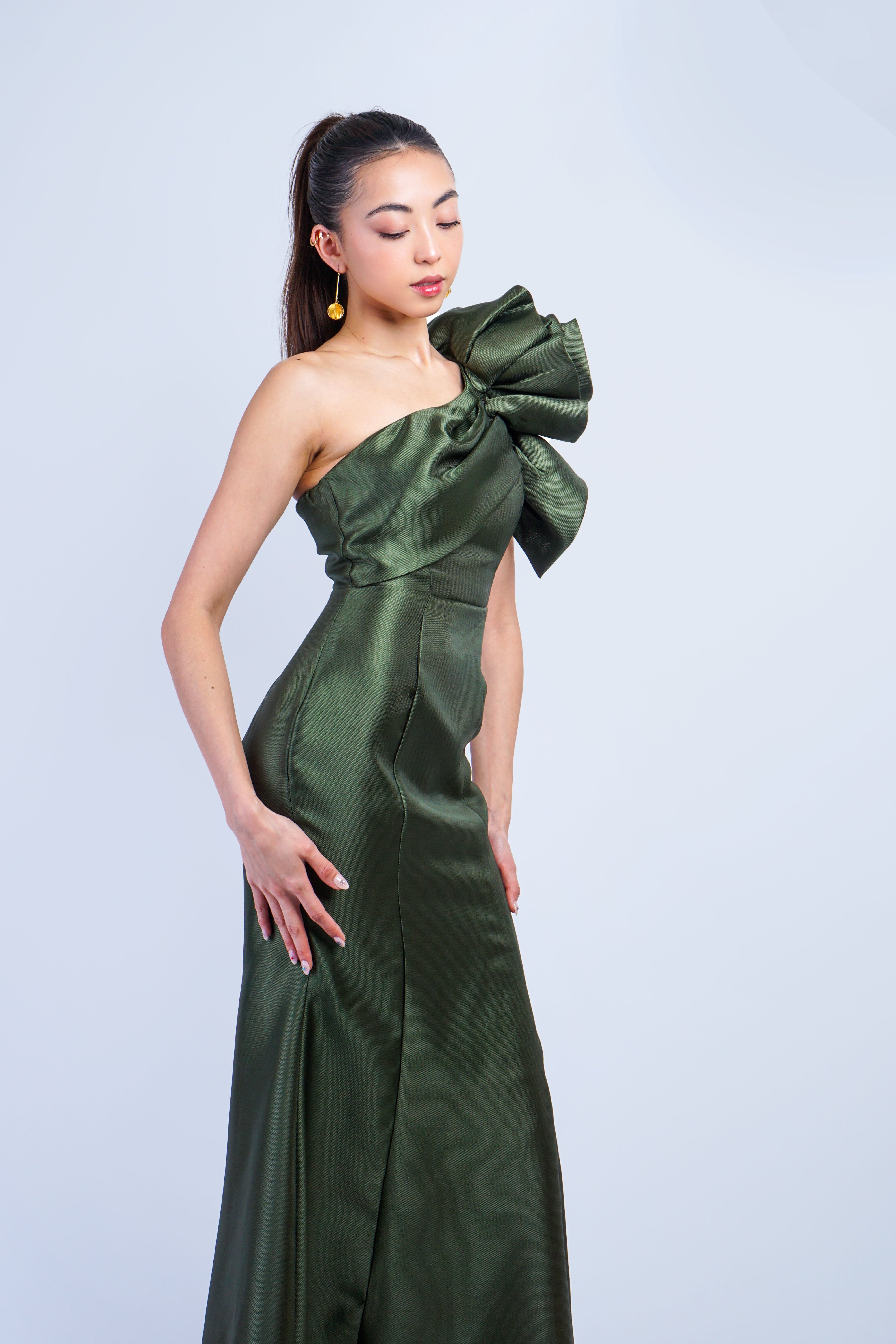 DCD GOWNS Olive One Shoulder Dramatic Ruffle Gown