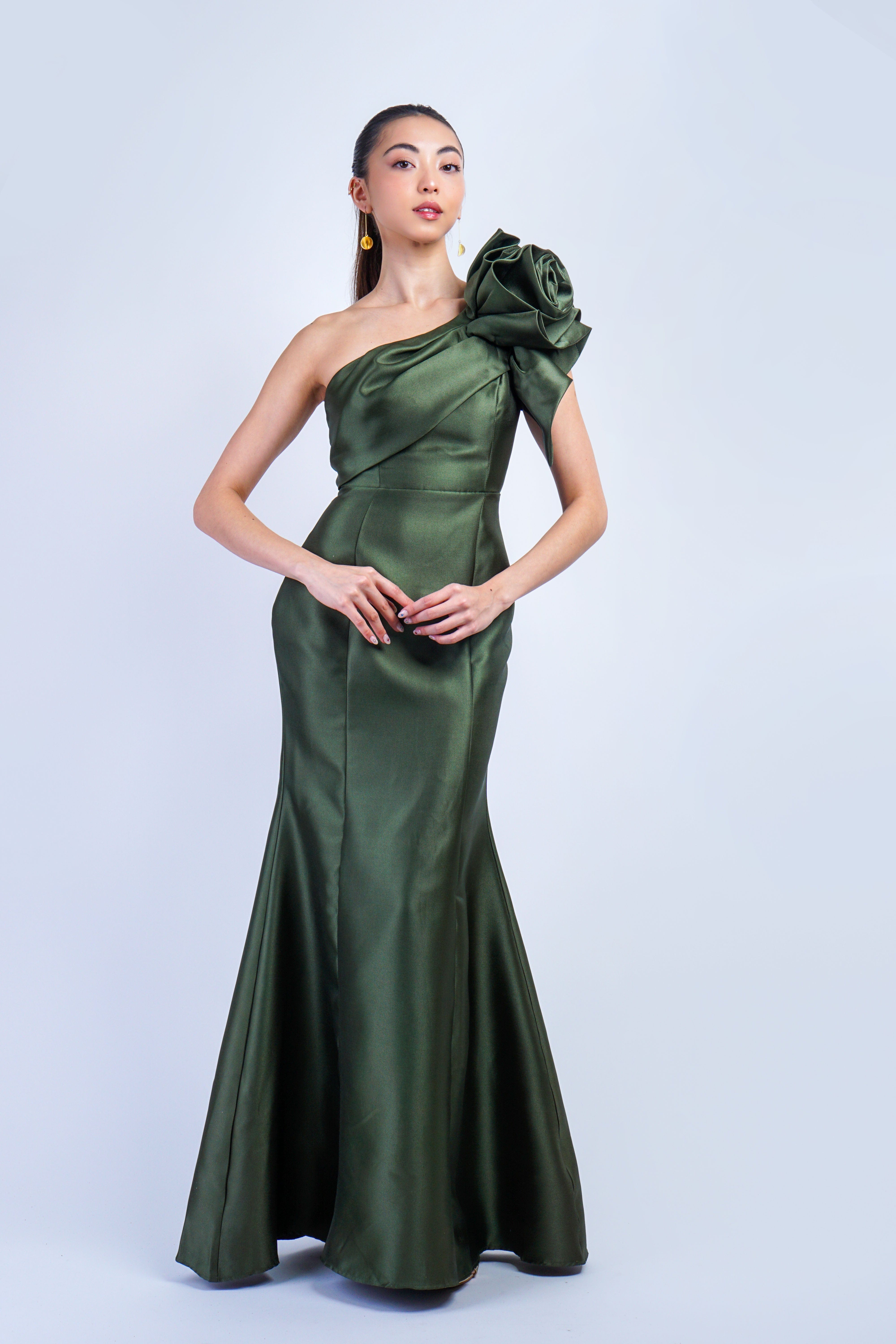 DCD GOWNS Olive One Shoulder Dramatic Ruffle Gown