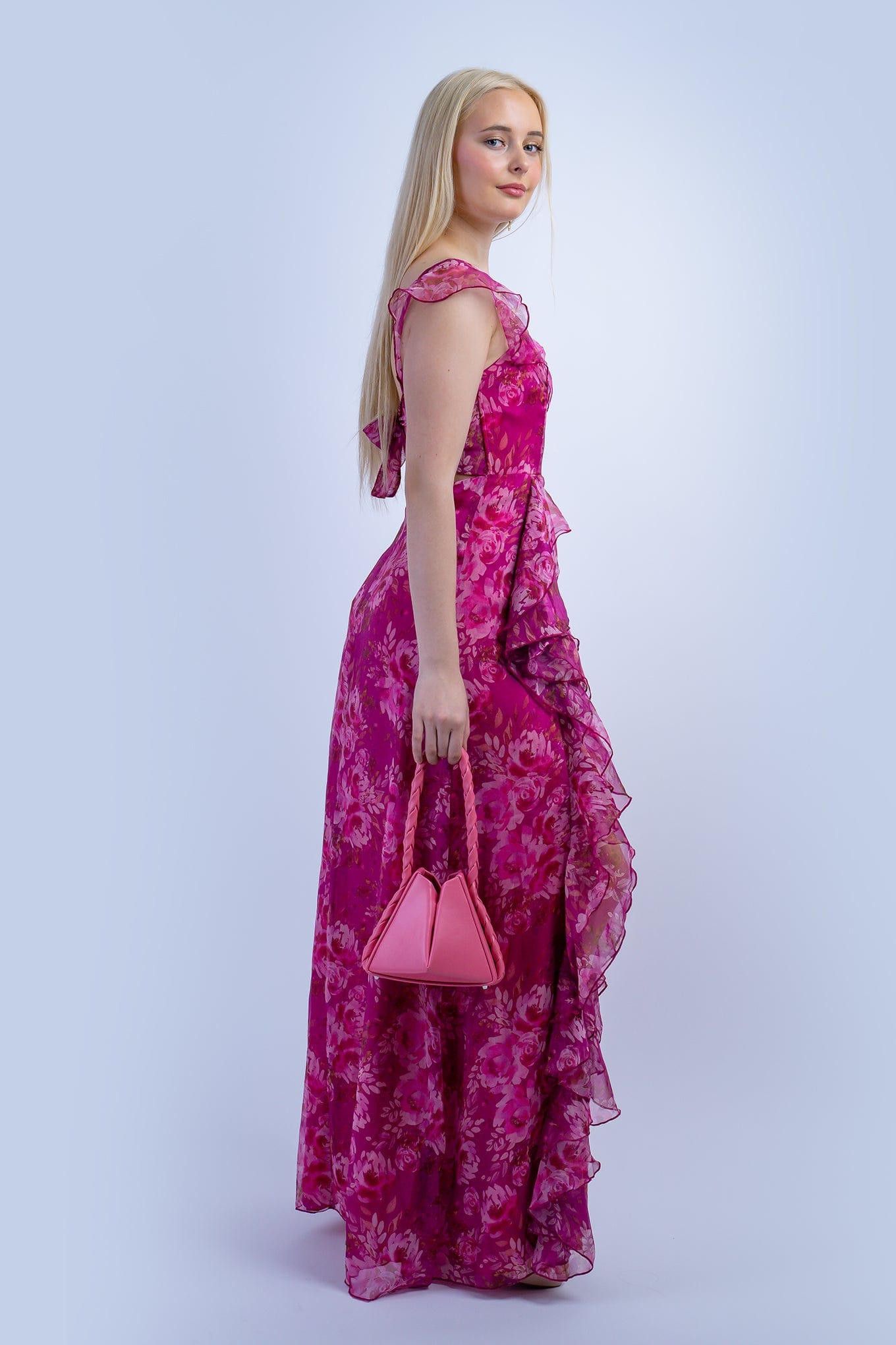 DCD GOWNS Pink Floral Ruffle U Neck Gown