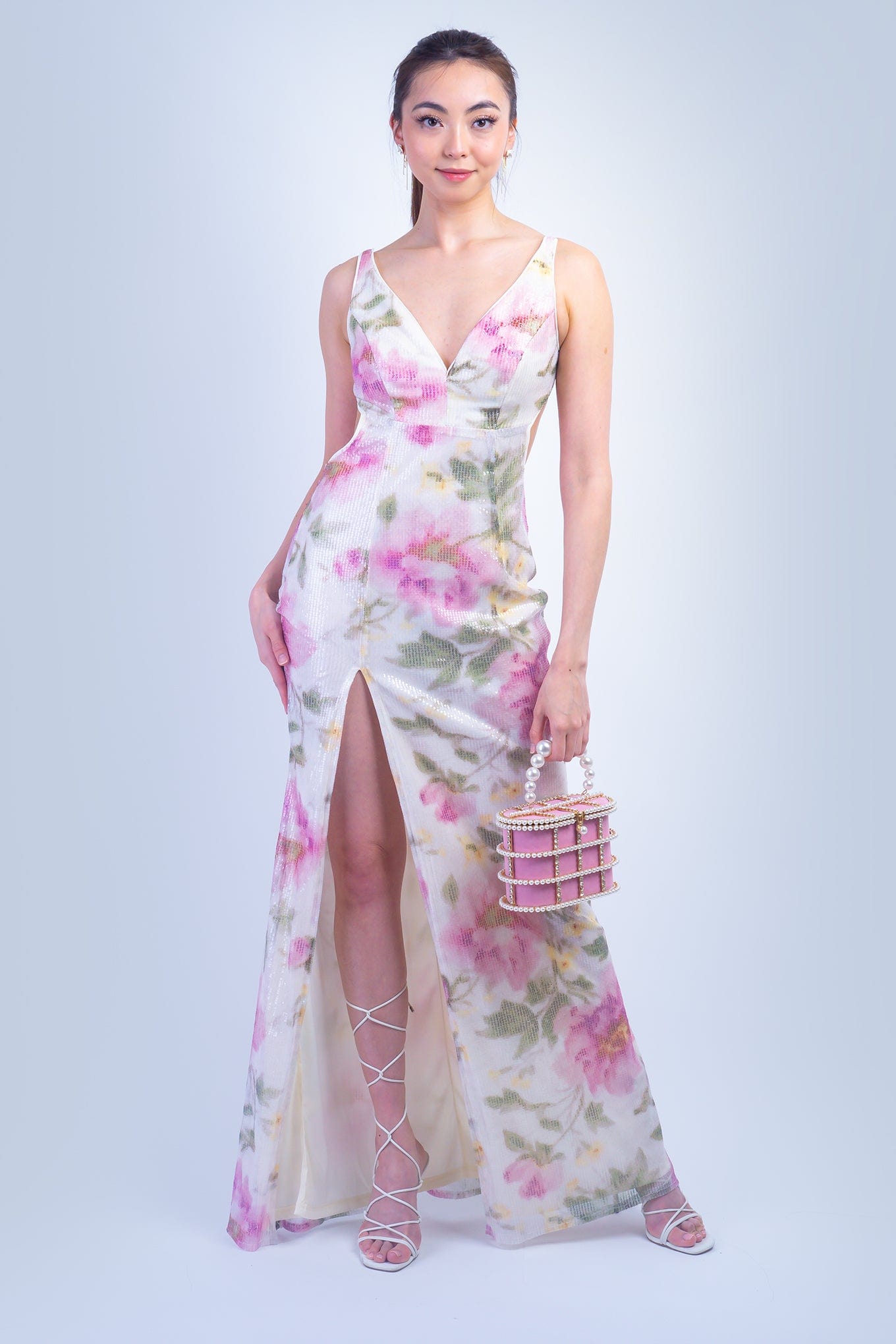 DCD GOWNS Pink Green Floral Sequin V Neck Gown