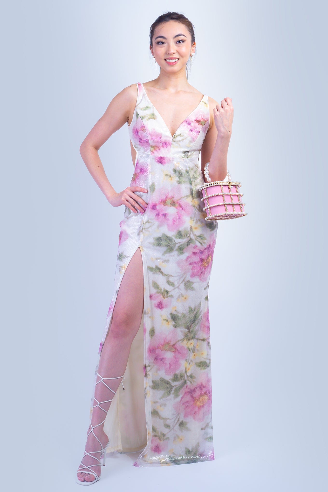 DCD GOWNS Pink Green Floral Sequin V Neck Gown