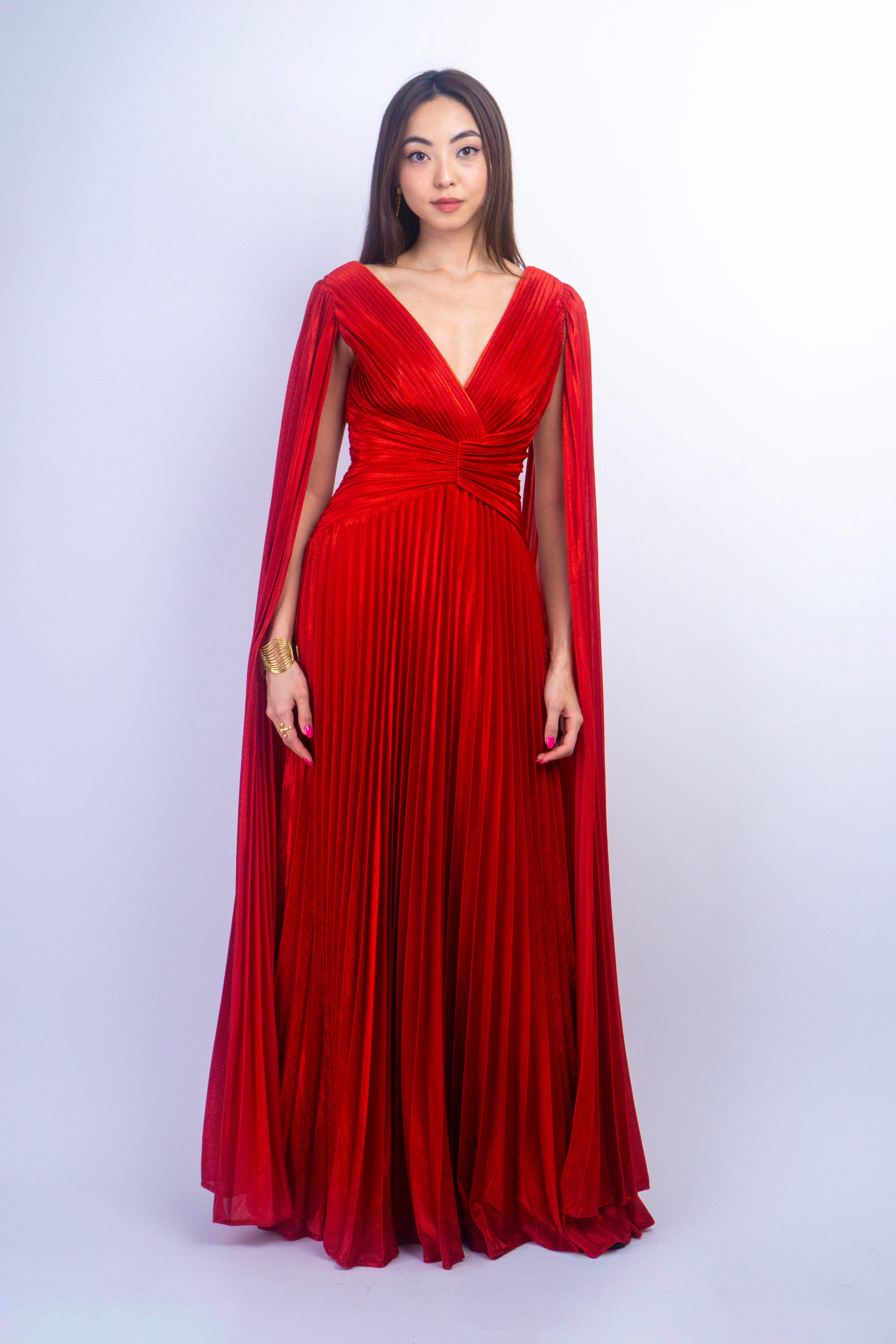 Private Label GOWNS Red V-Neck Cape Sleeves Pleated Gown