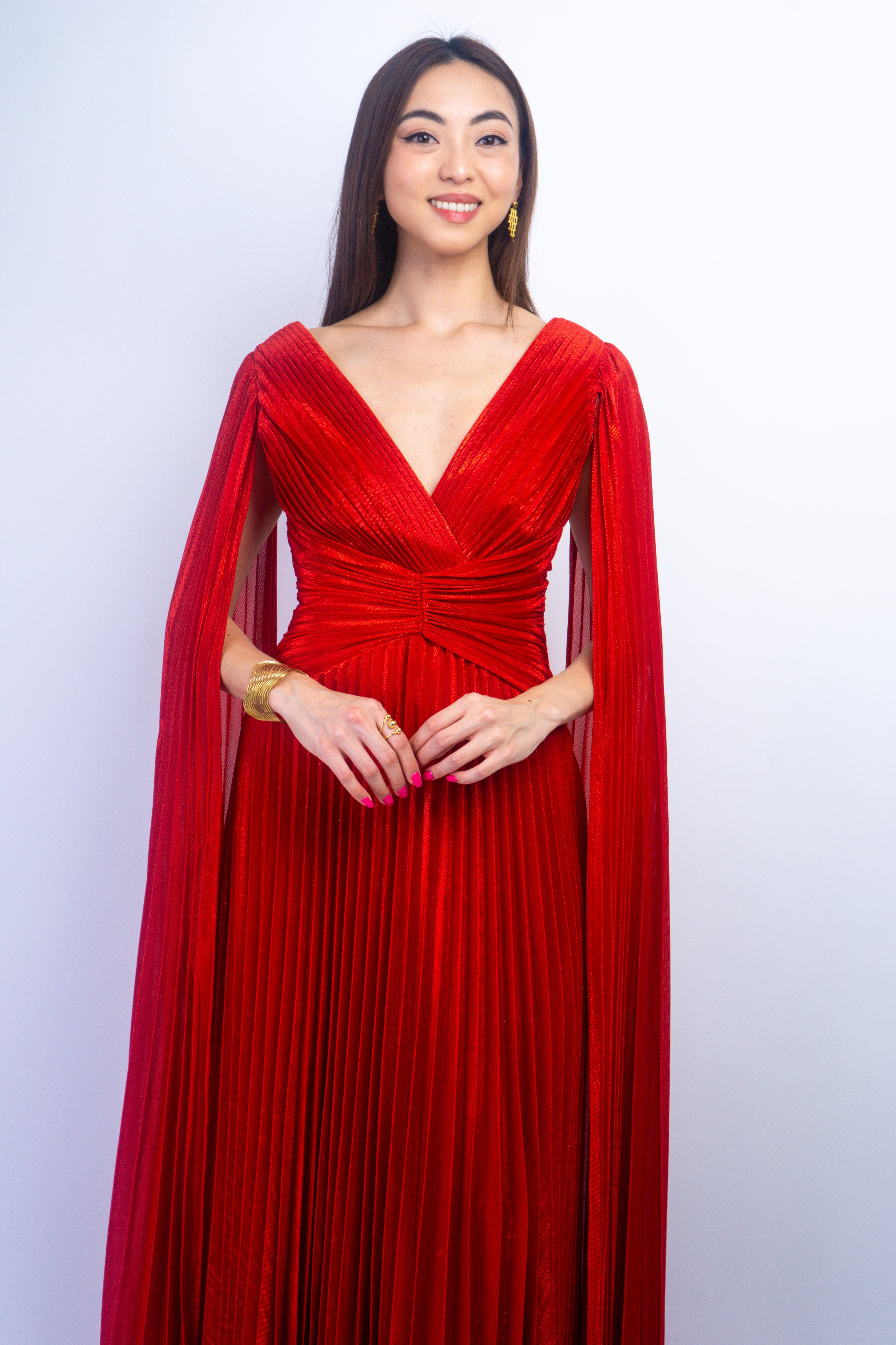 Private Label GOWNS Red V-Neck Cape Sleeves Pleated Gown