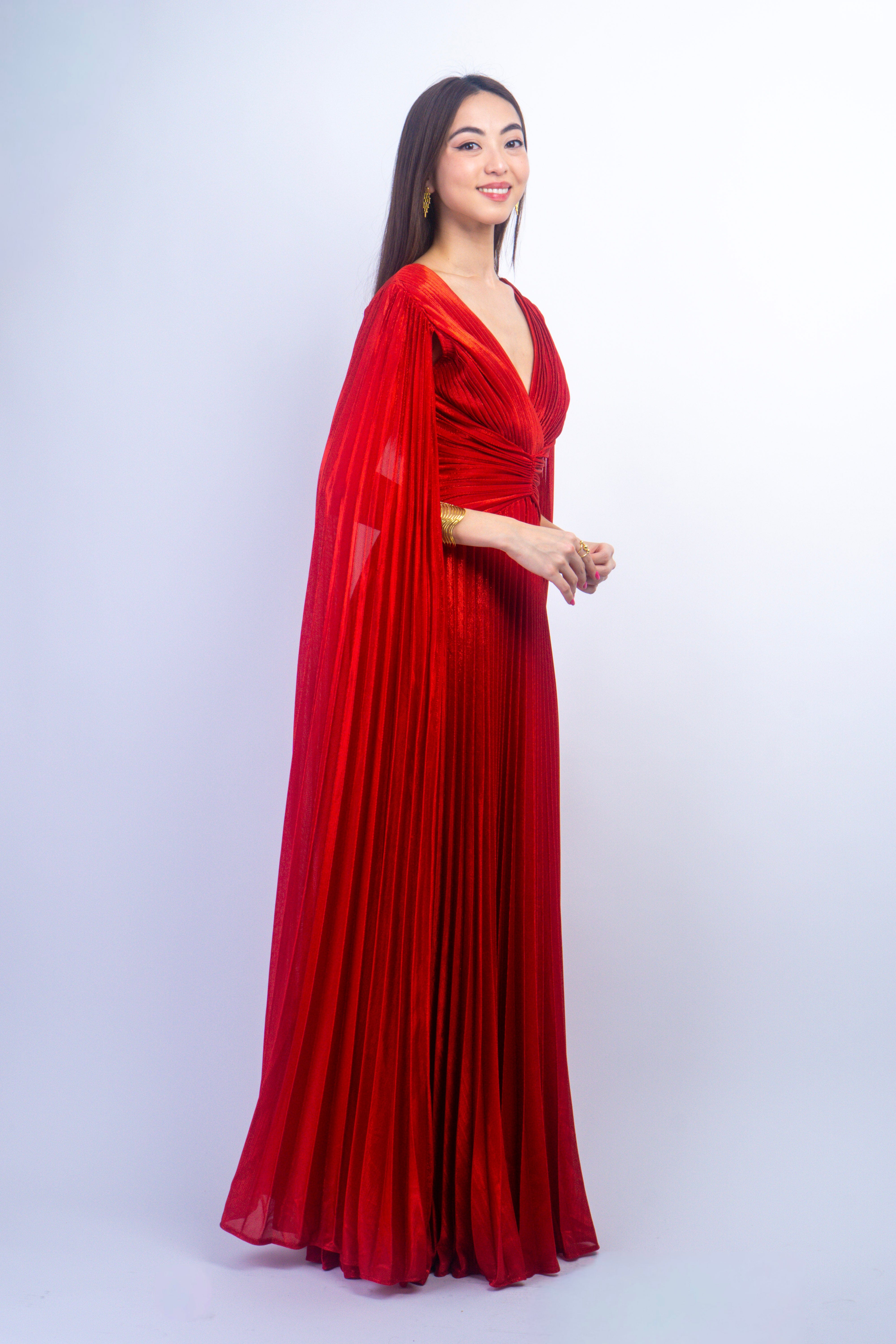 Private Label GOWNS Red V-Neck Cape Sleeves Pleated Gown