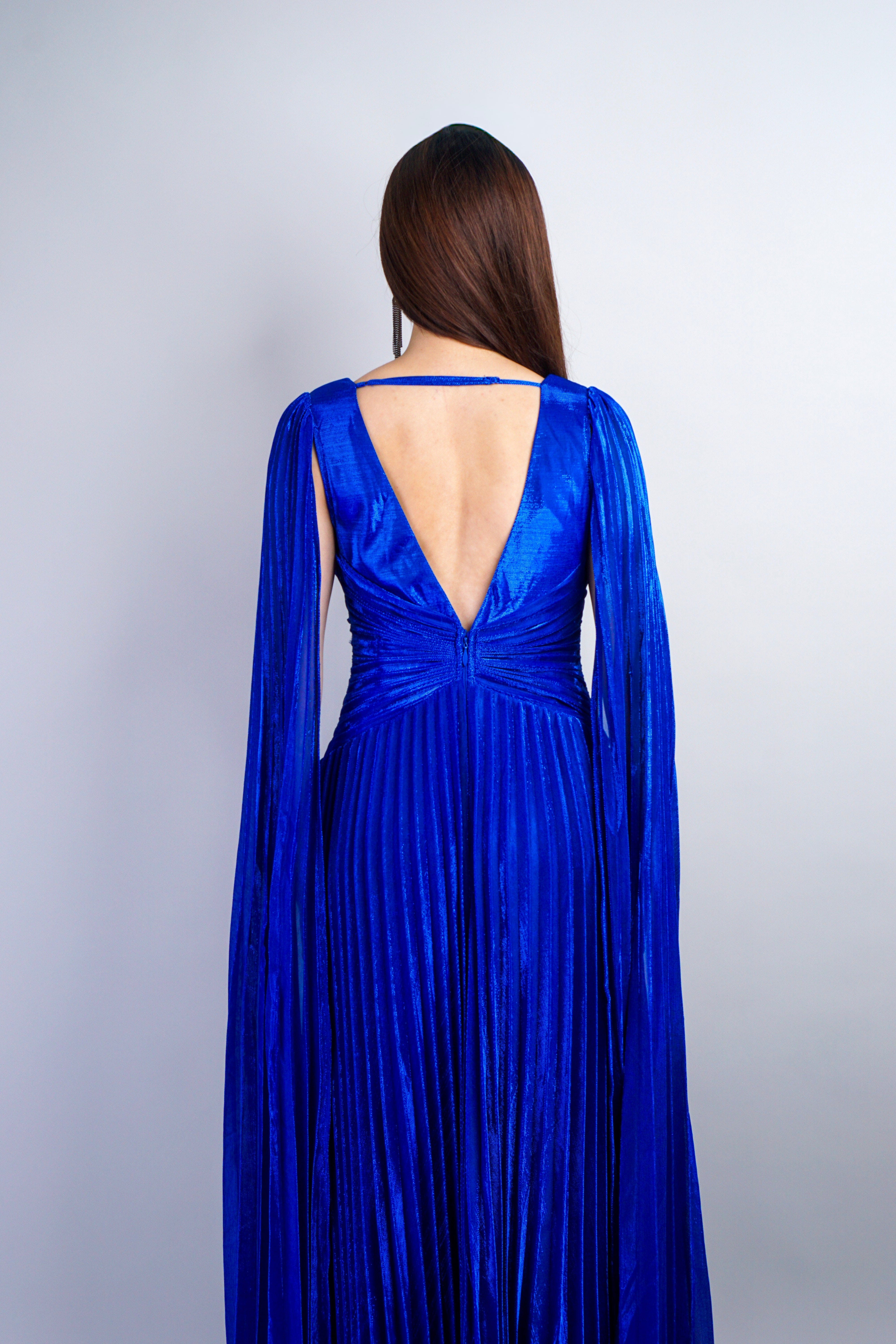 Private Label GOWNS Royal Blue V-Neck Cape Sleeves Pleated Gown