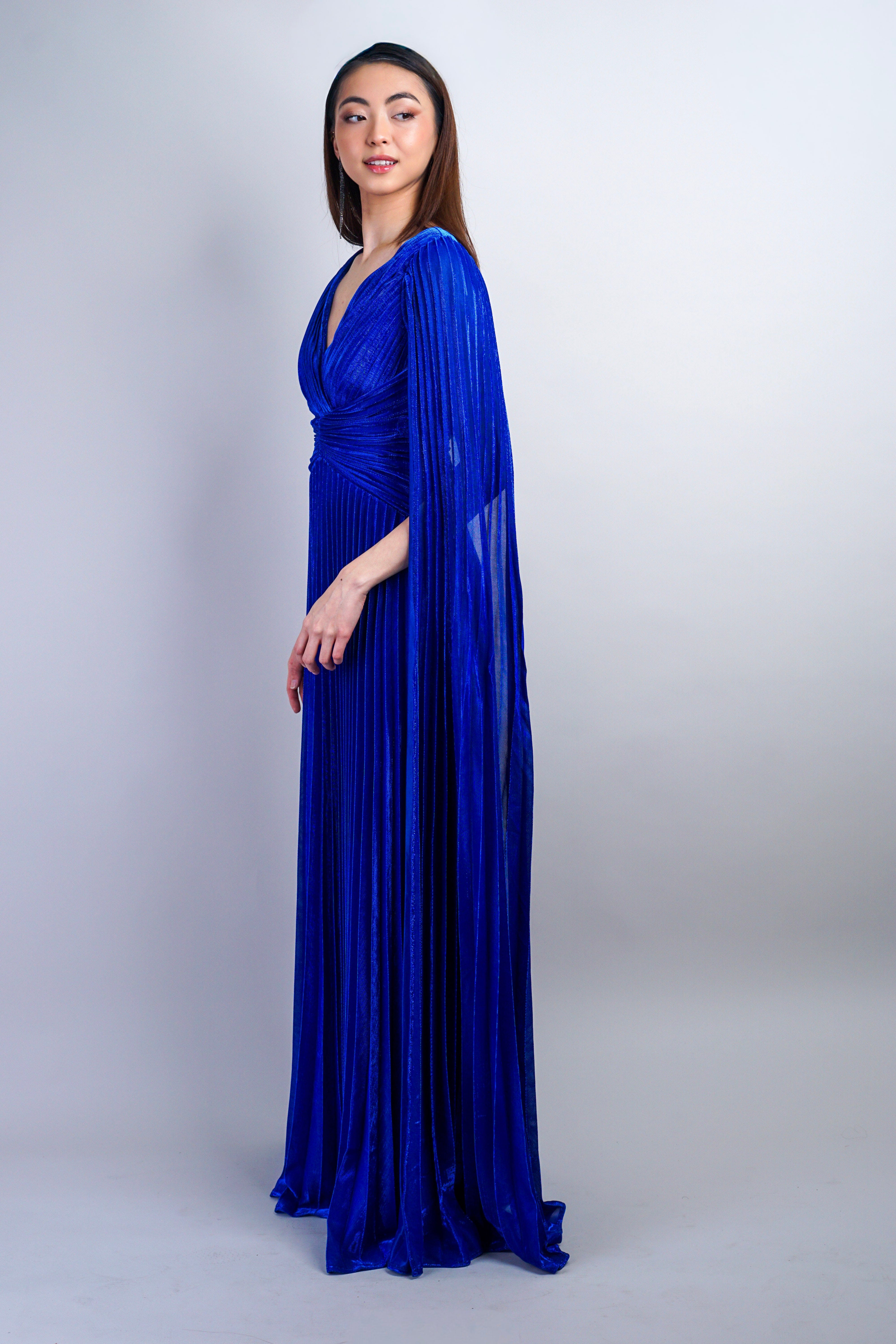 Royal Blue V-Neck Cape Pleated Gown | Women's Clothing and Accessories