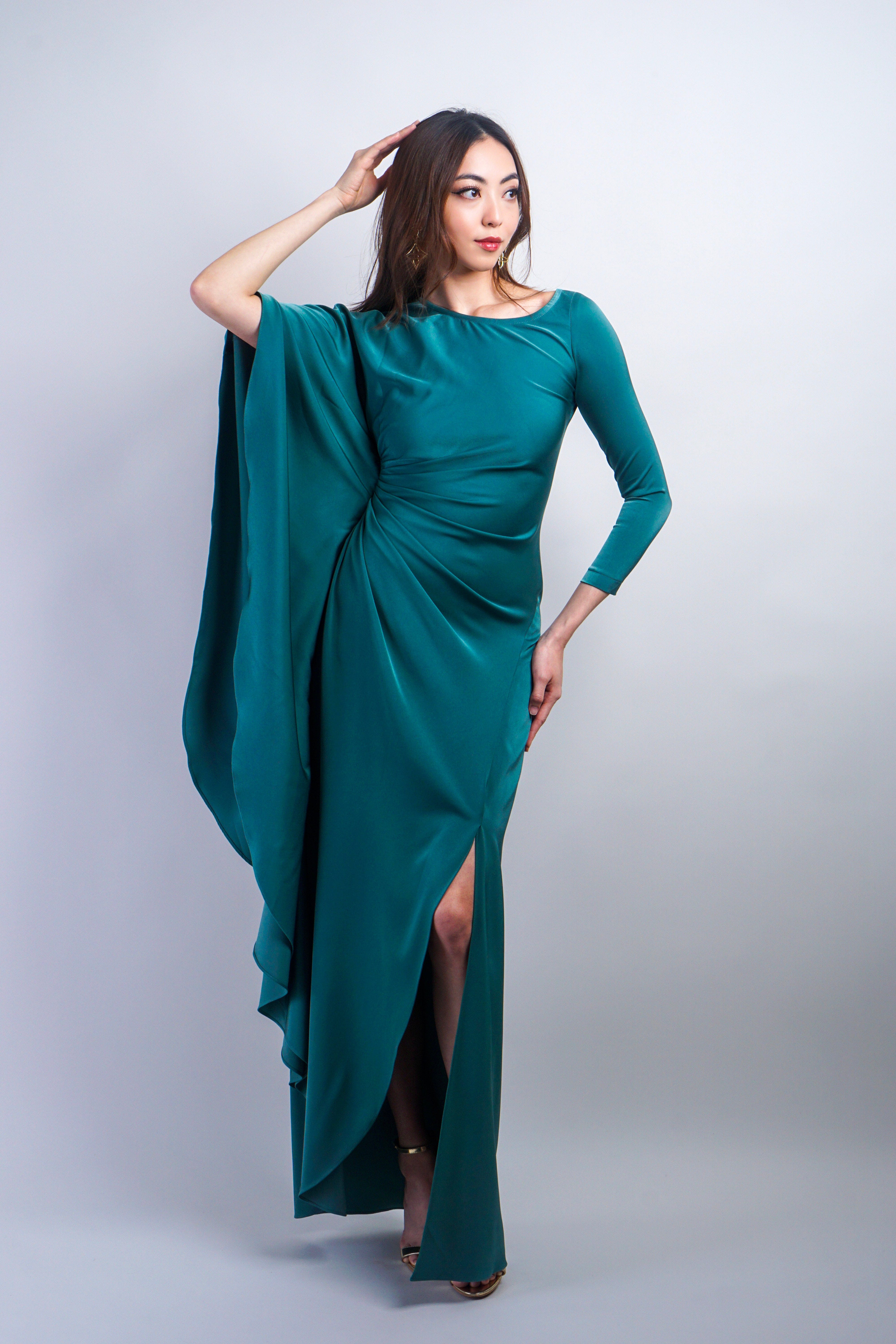 Chloe Dao GOWNS Sage Green Asymmetrical Pleated with Sleeves Gown