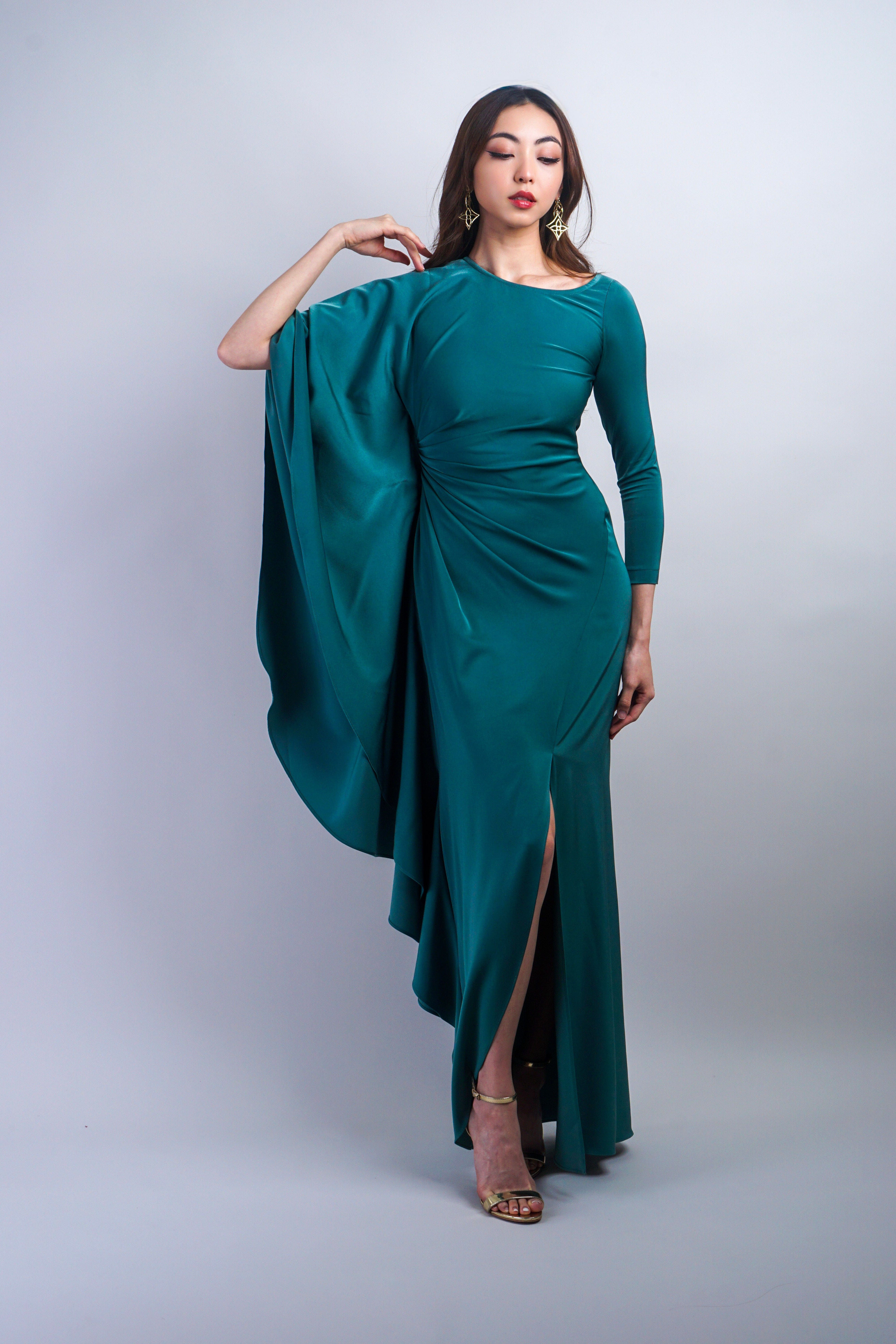 Chloe Dao GOWNS Sage Green Asymmetrical Pleated with Sleeves Gown