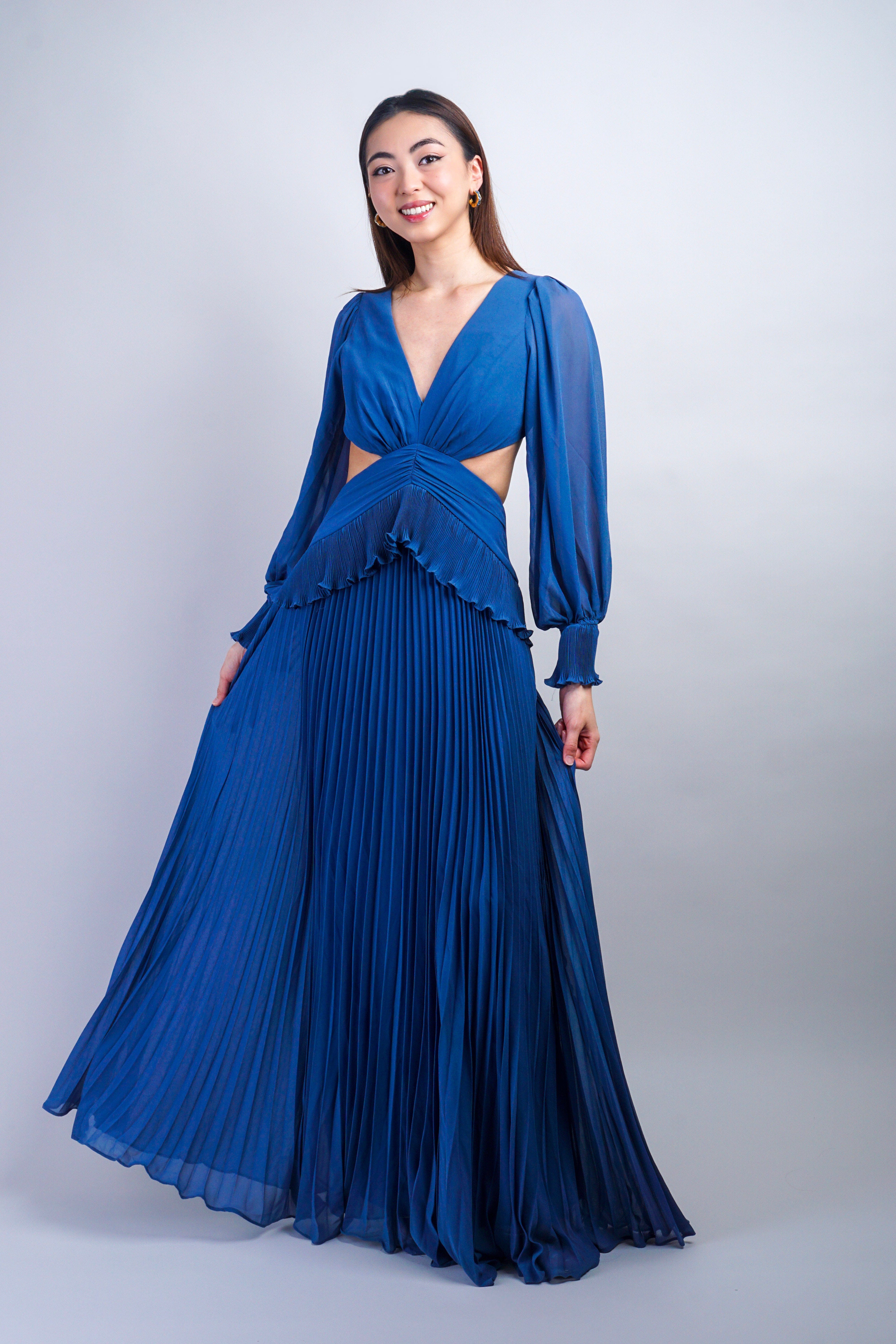 Private Label GOWNS Slate Blue Low V Pleated Gown
