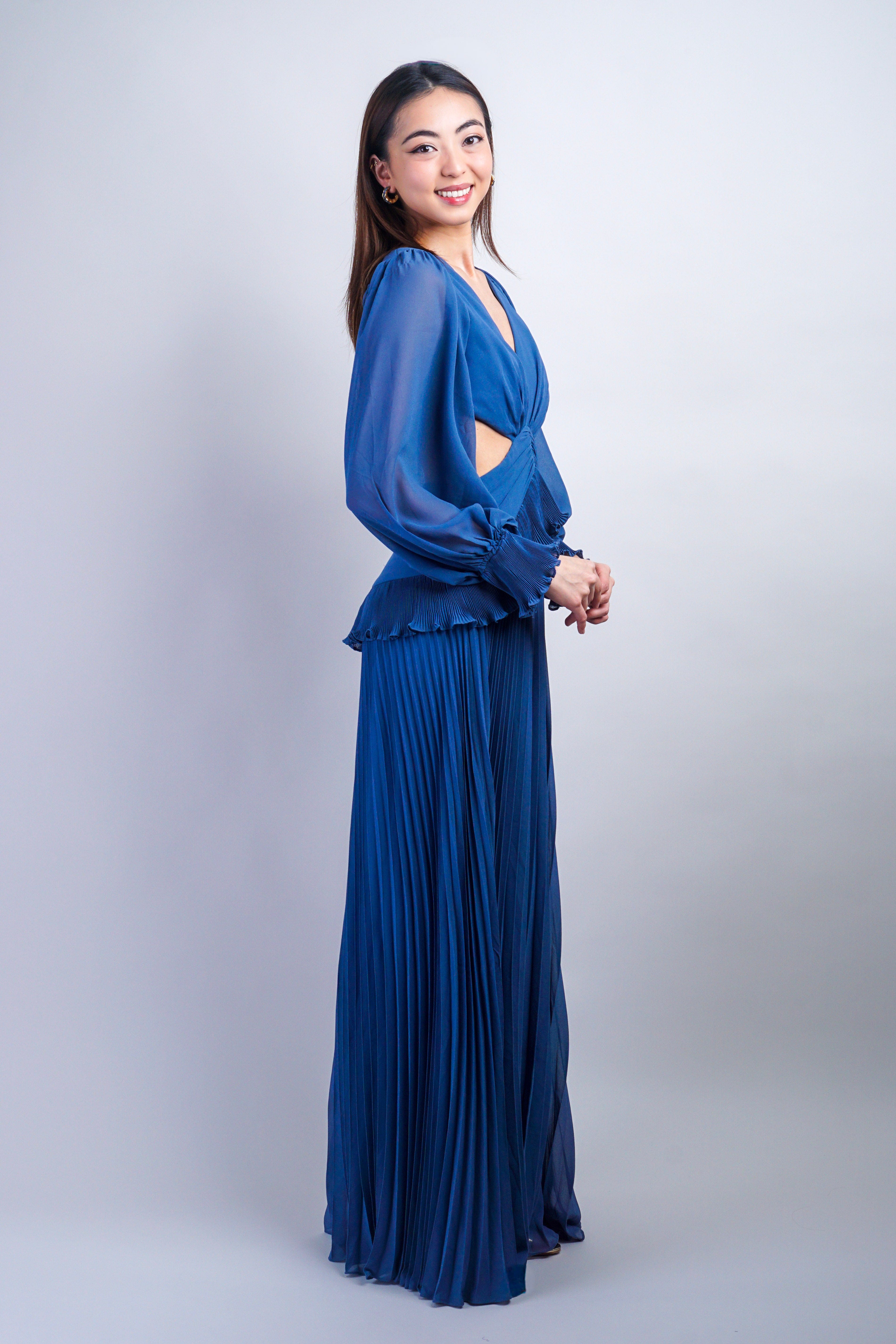Private Label GOWNS Slate Blue Low V Pleated Gown