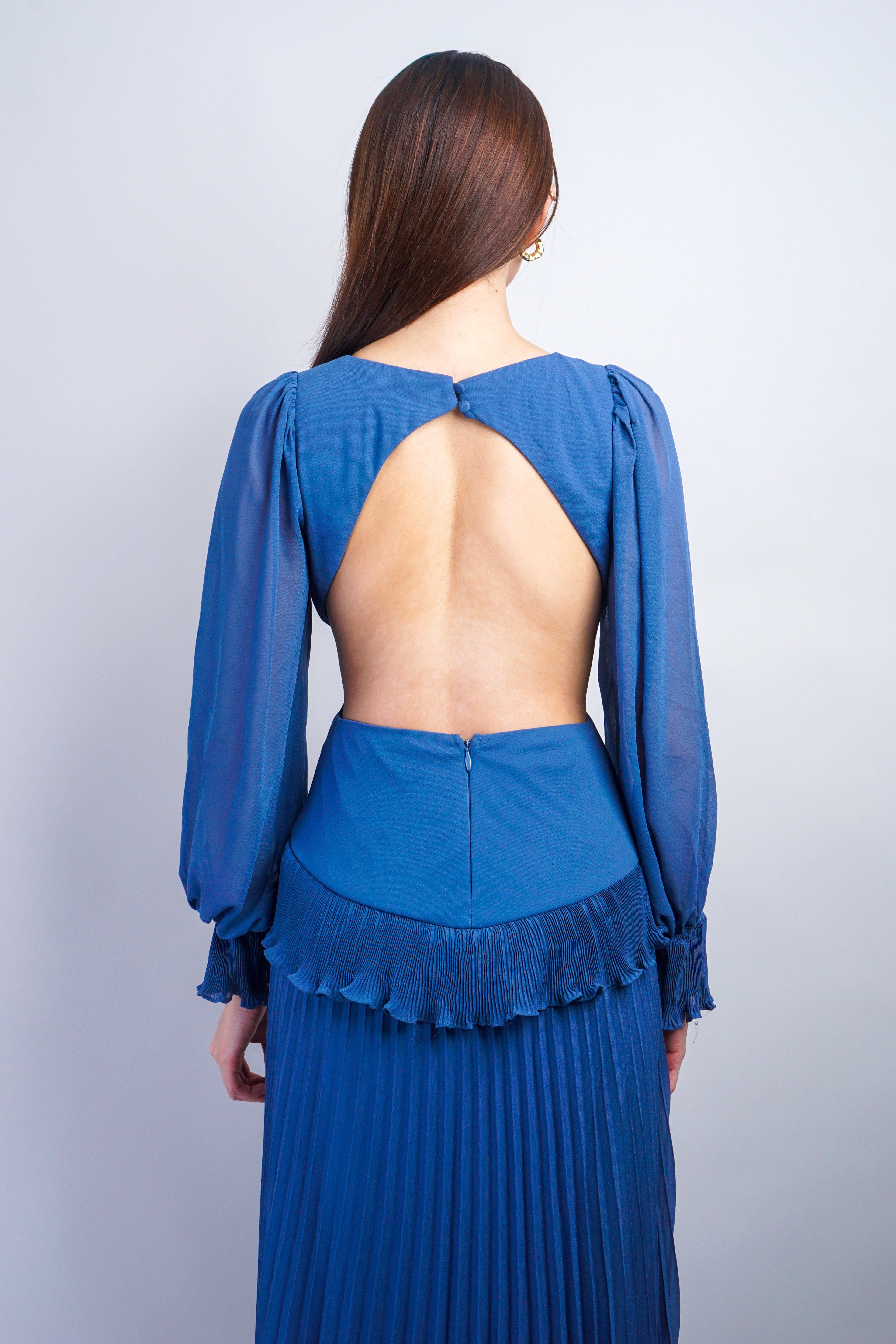 Private Label GOWNS Slate Blue Low V Pleated Gown