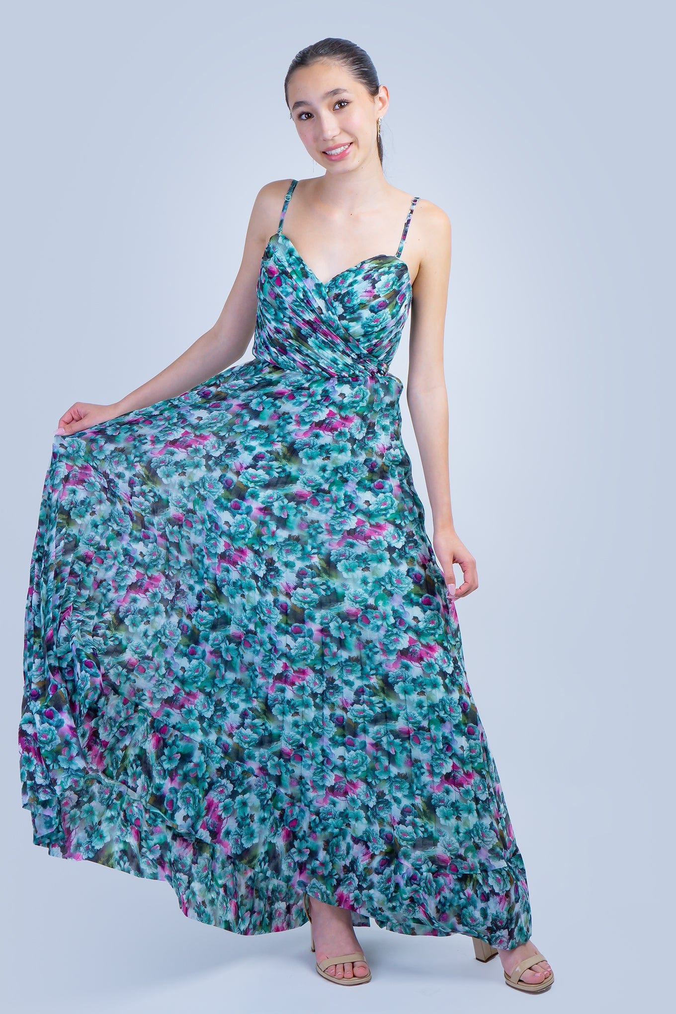 DCD GOWNS Teal Garden Pleated Strapless Gown