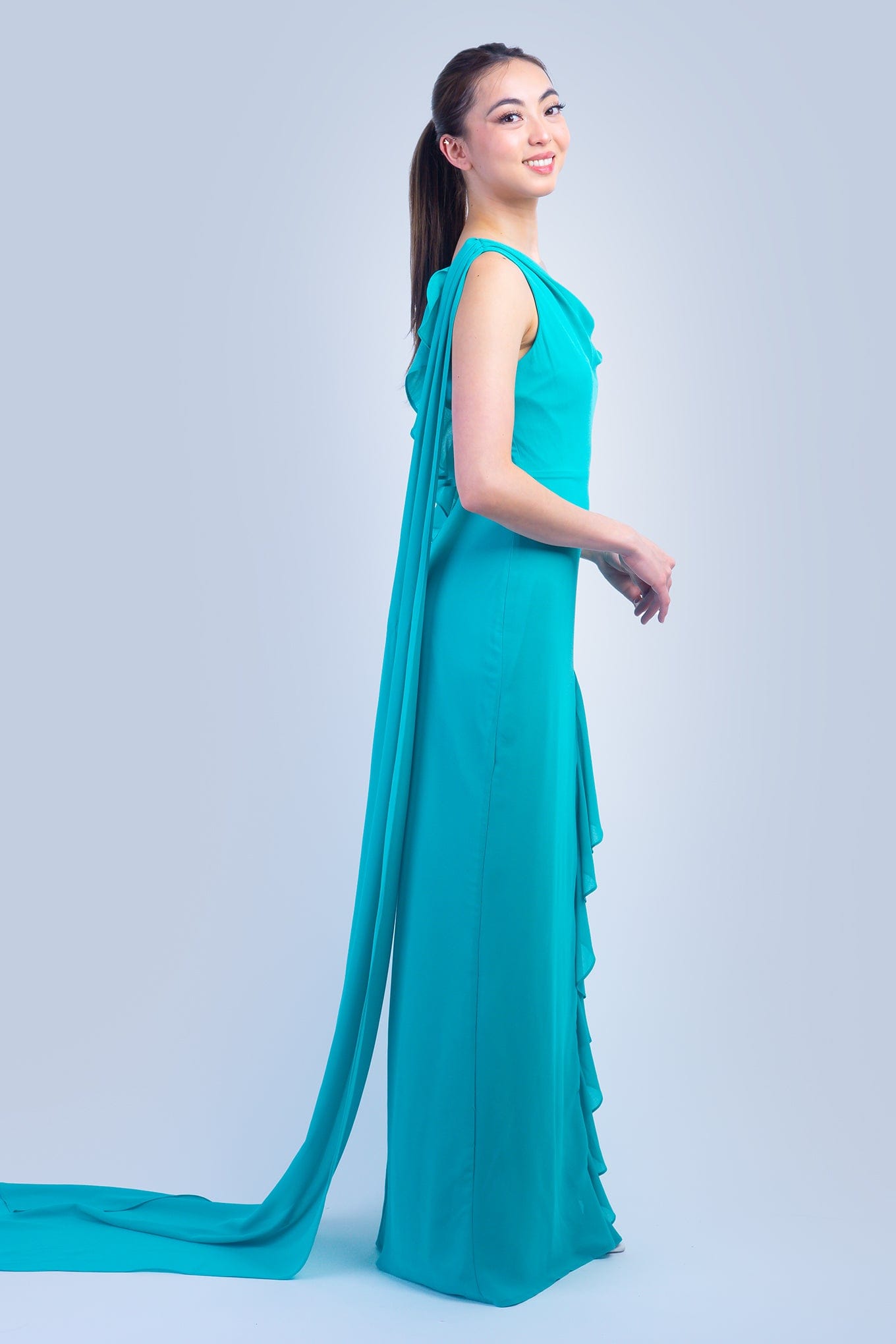 DCD GOWNS Turquoise Asymmetrical Shoulder Side Drape Gown