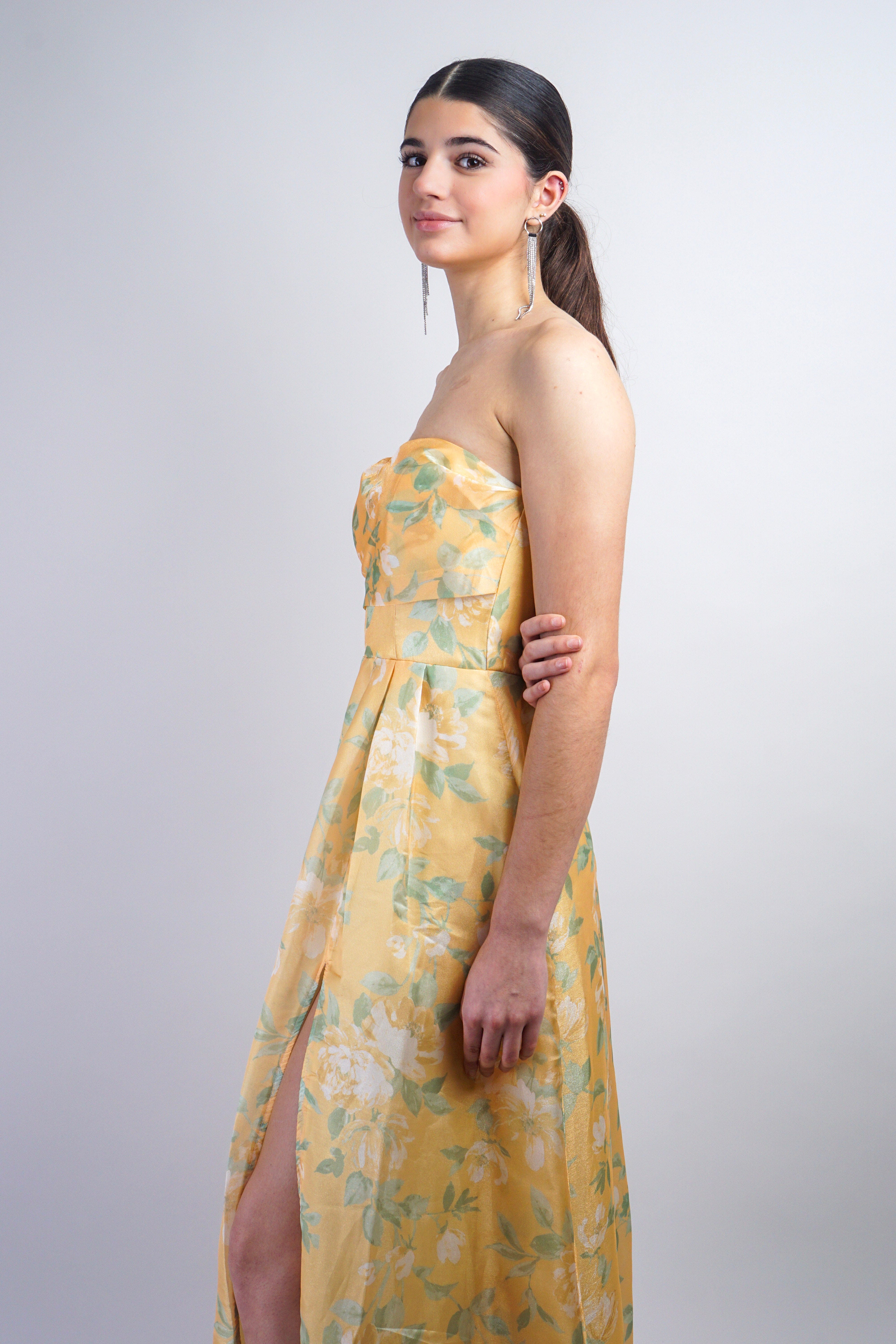 Private Label GOWNS Yellow Strapless Floral Organza Maxi Gown With Slit